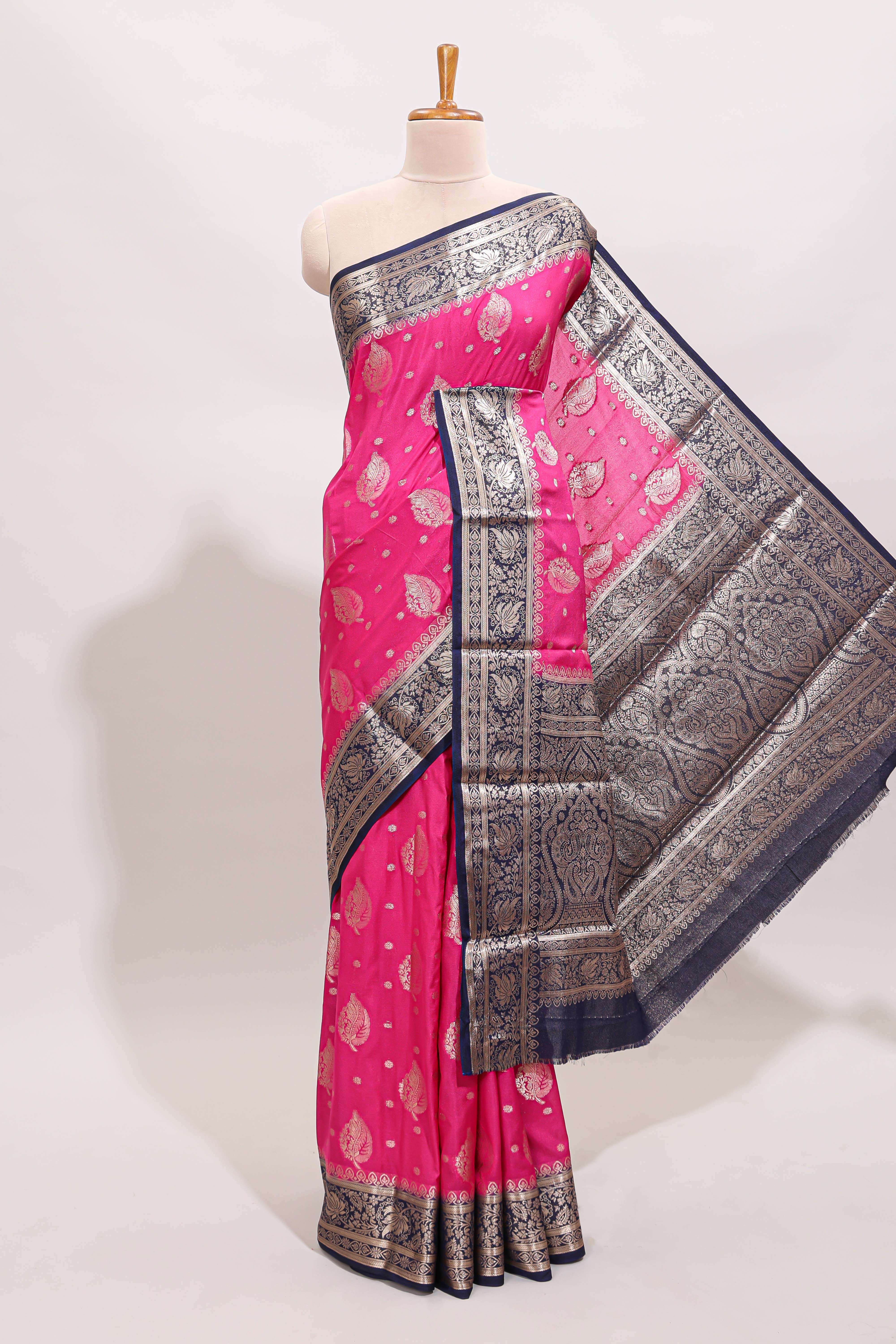 Pink leaf zari motifs design art mysore silk saree with contrast zari border and blouse