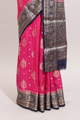 Pink leaf zari motifs design art mysore silk saree with contrast zari border and blouse