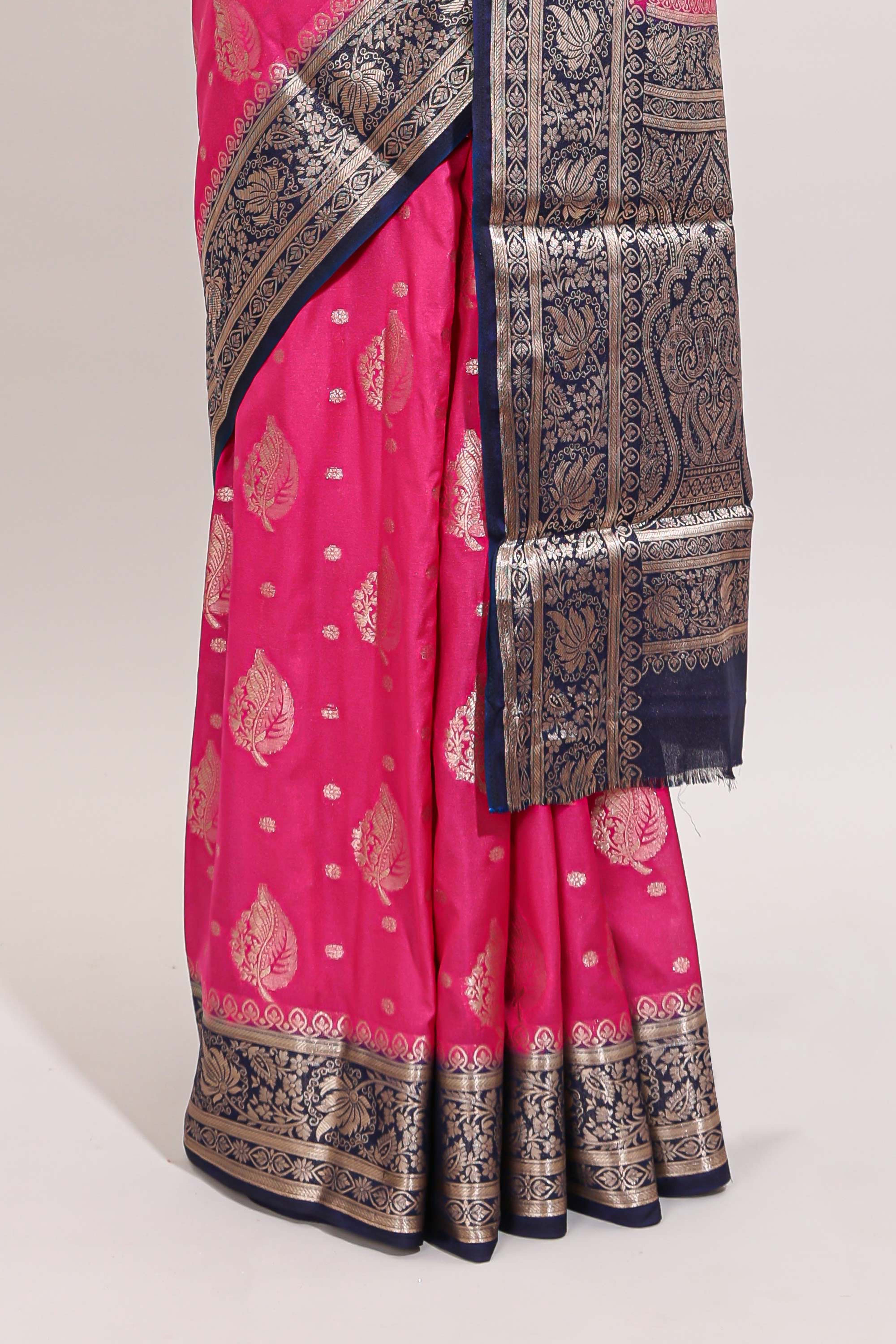 Pink leaf zari motifs design art mysore silk saree with contrast zari border and blouse