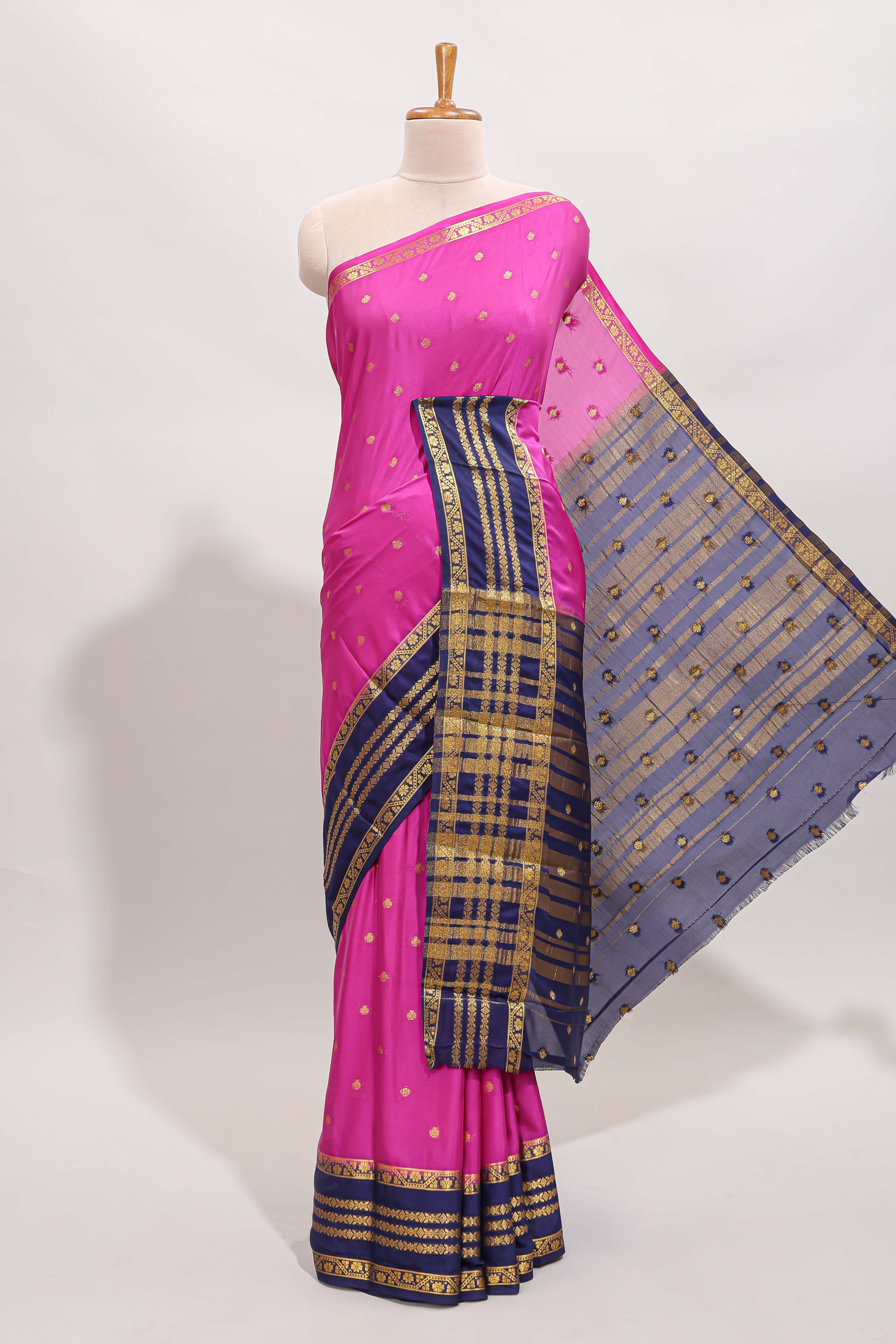 Pink zari motifs design art mysore silk saree with contrast zari border and motifs blouse