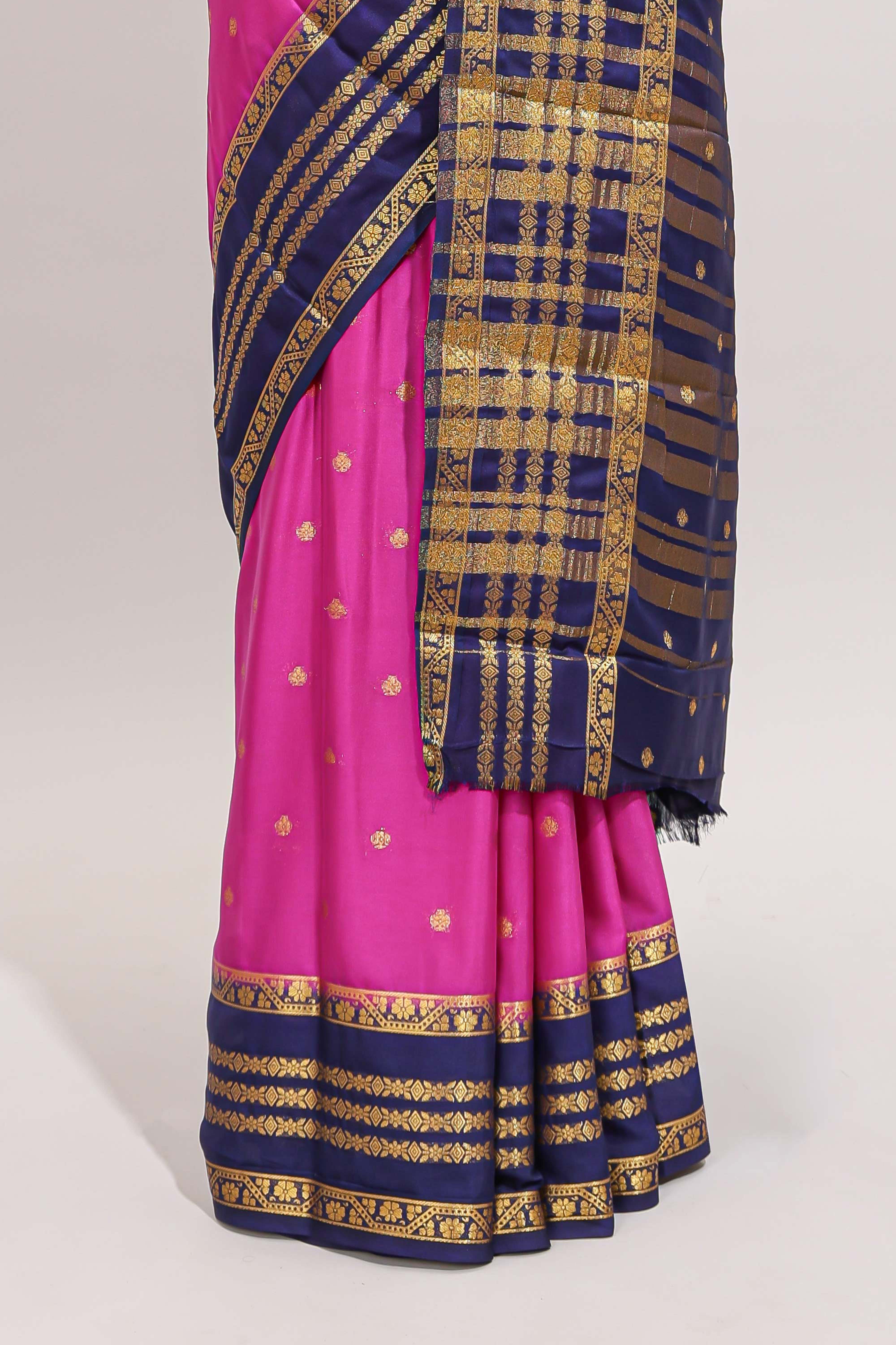 Pink zari motifs design art mysore silk saree with contrast zari border and motifs blouse
