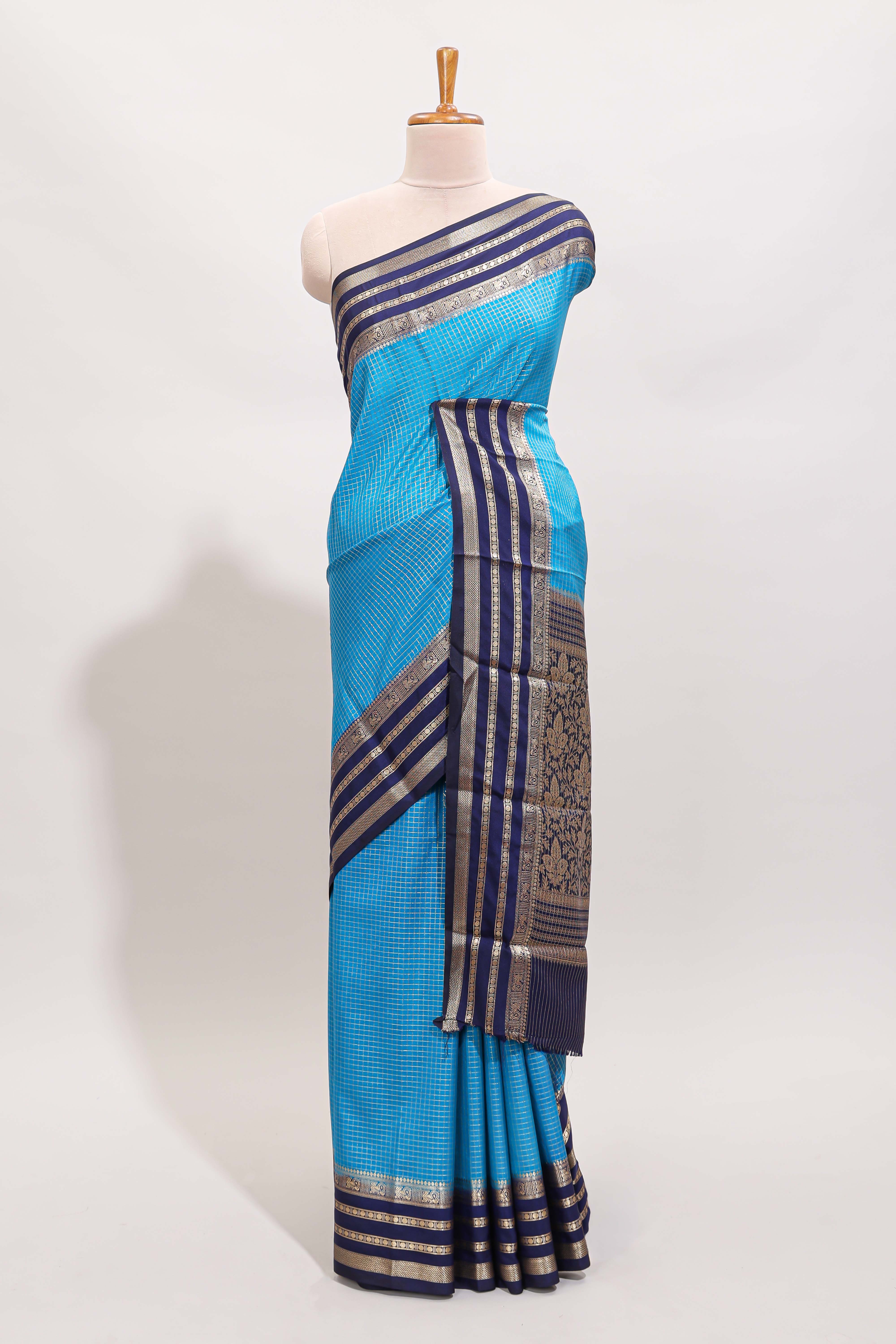 Blue checked design art mysore silk saree with contrast zari border and checked blouse