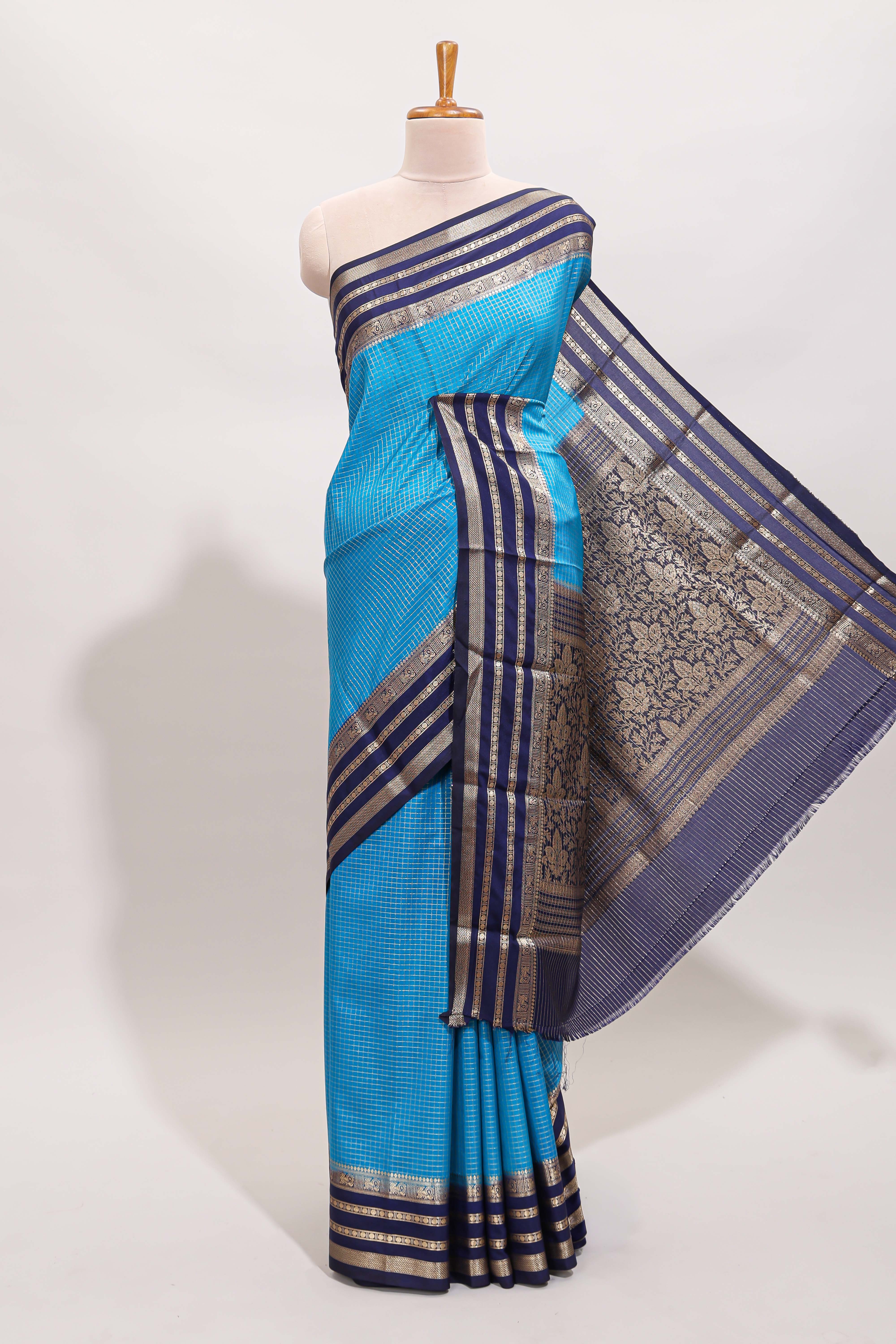 Blue checked design art mysore silk saree with contrast zari border and checked blouse