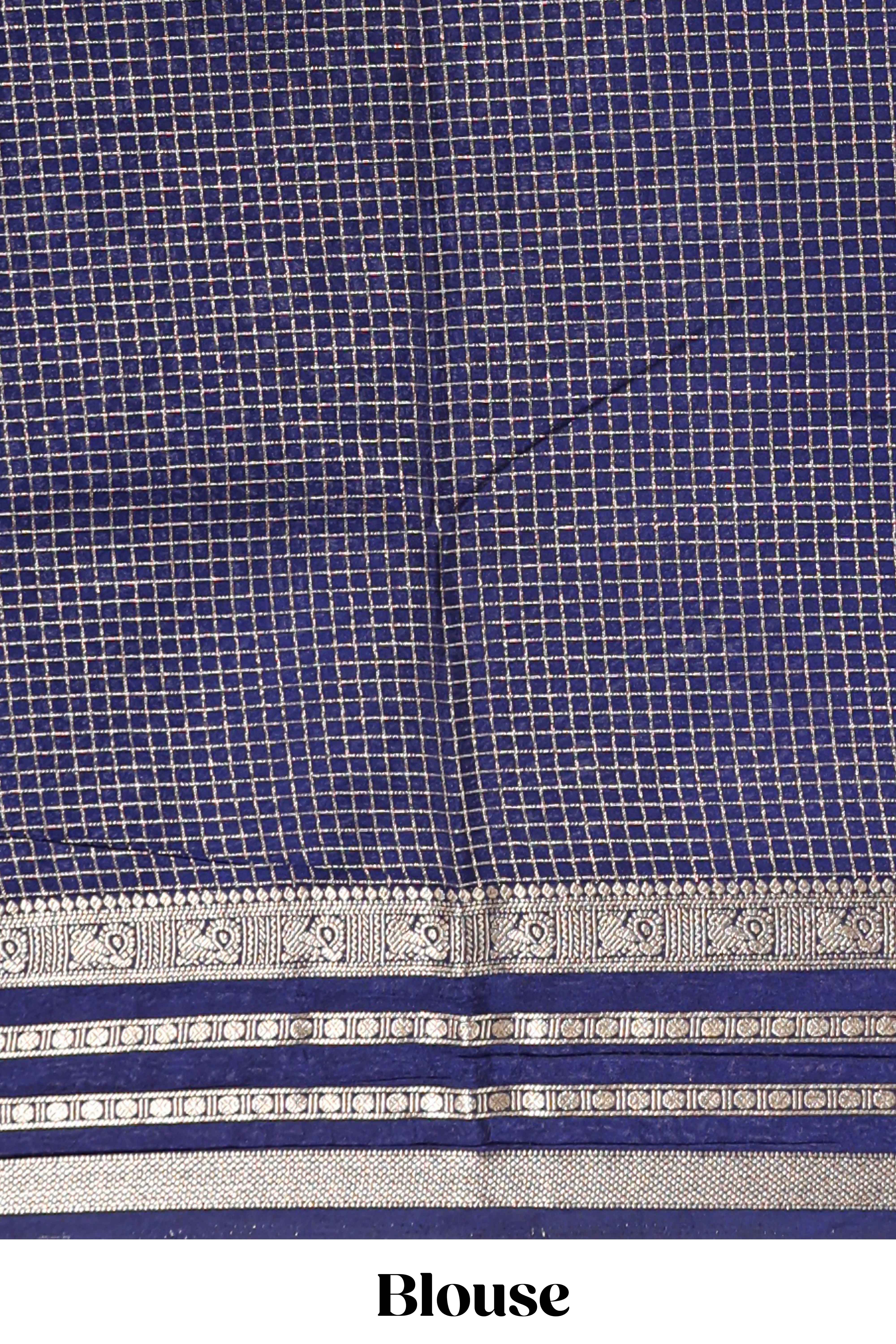 Blue checked design art mysore silk saree with contrast zari border and checked blouse