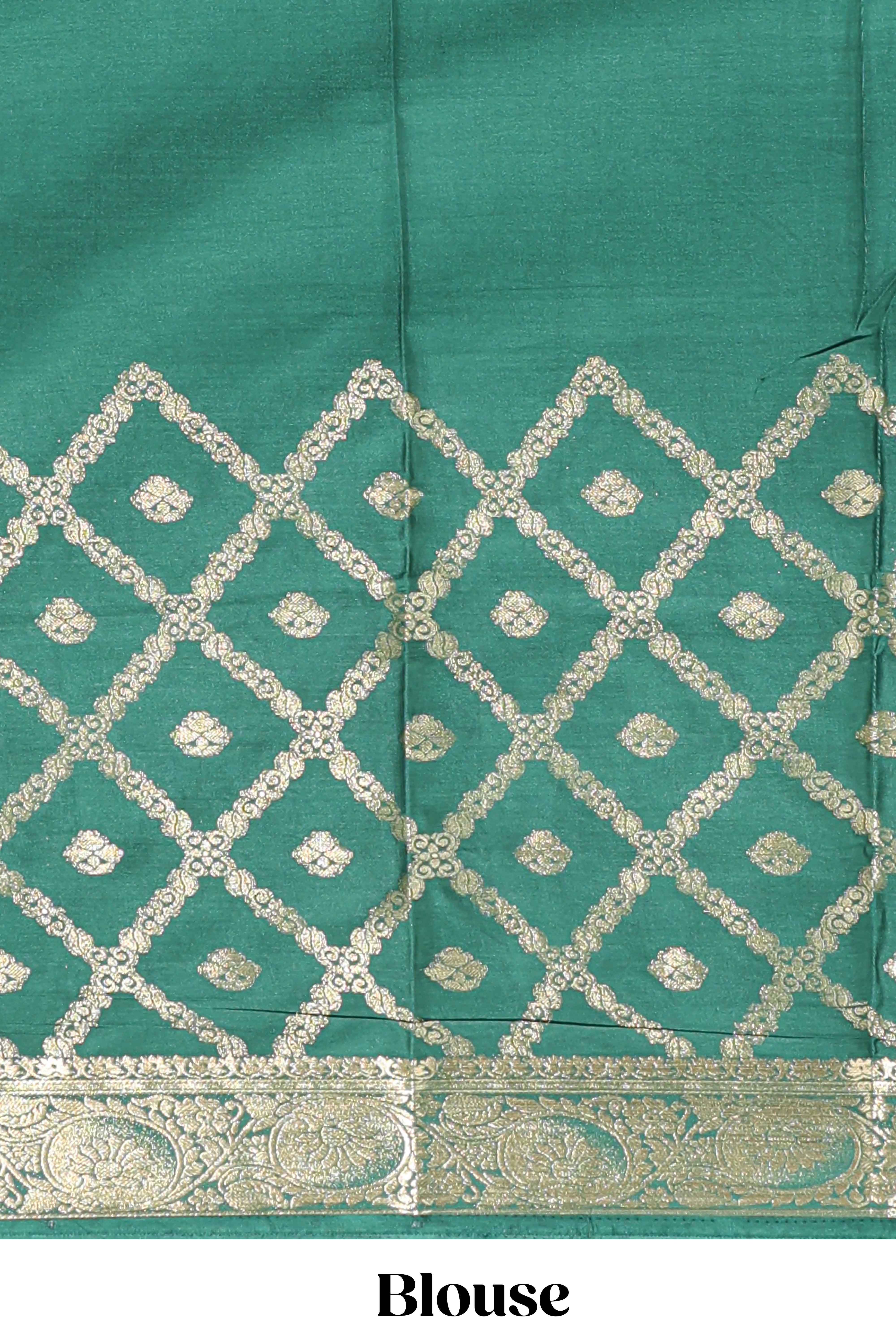 Green geometric zari motifs design art mysore silk saree with contrast zari border and blouse