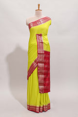 Lemon yellow plain design art mysore silk saree with contrast zari border and blouse