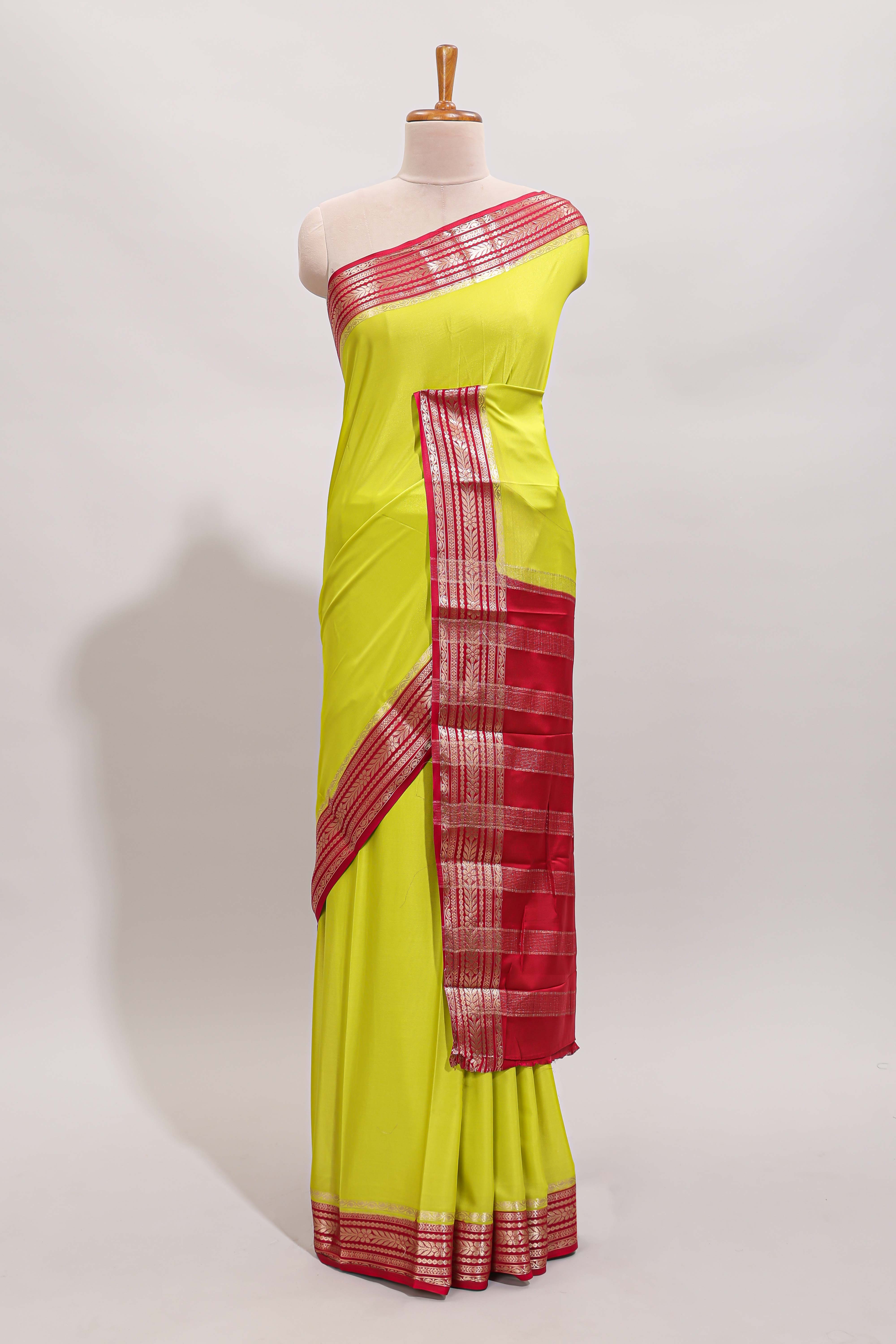 Lemon yellow plain design art mysore silk saree with contrast zari border and blouse