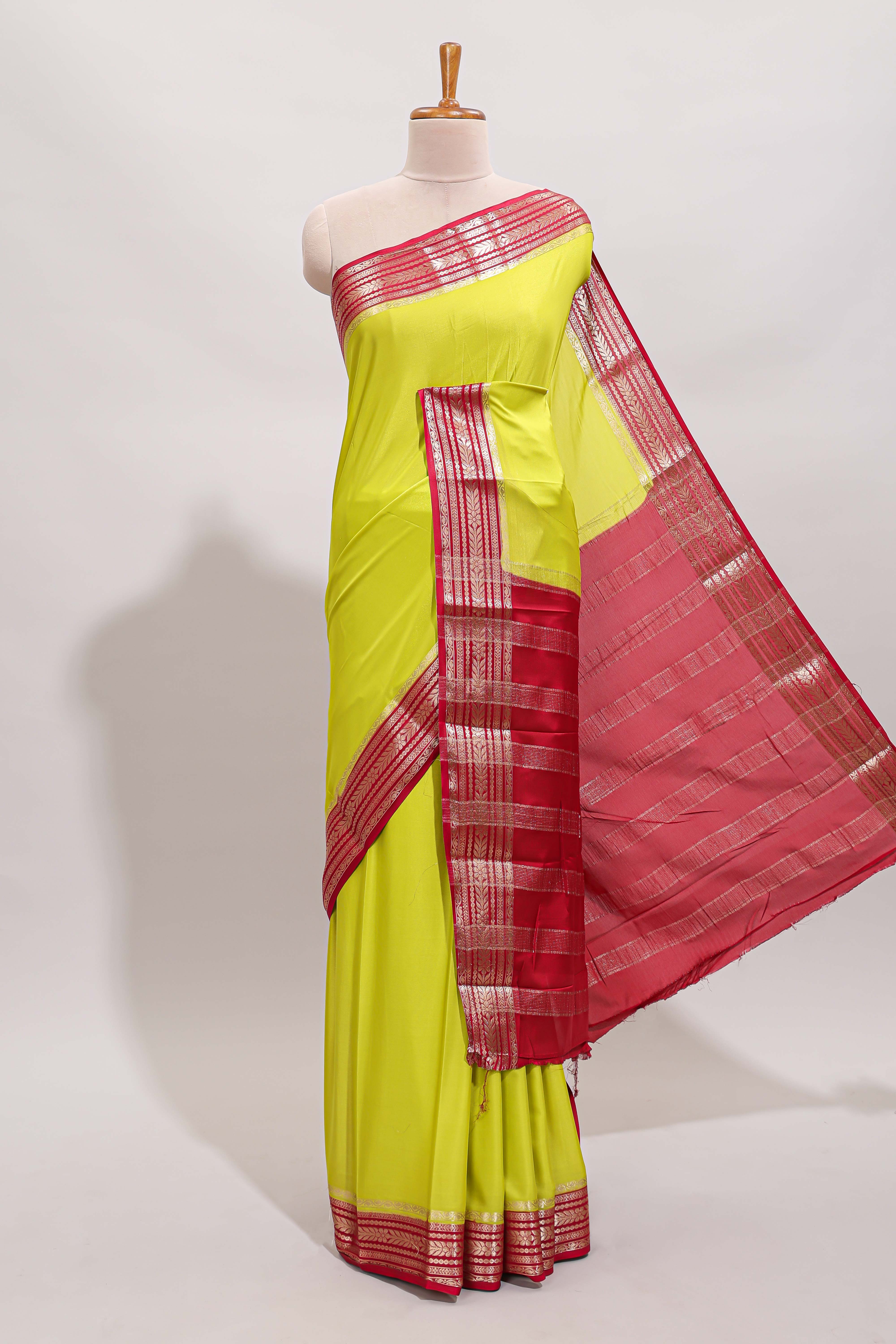 Lemon yellow plain design art mysore silk saree with contrast zari border and blouse