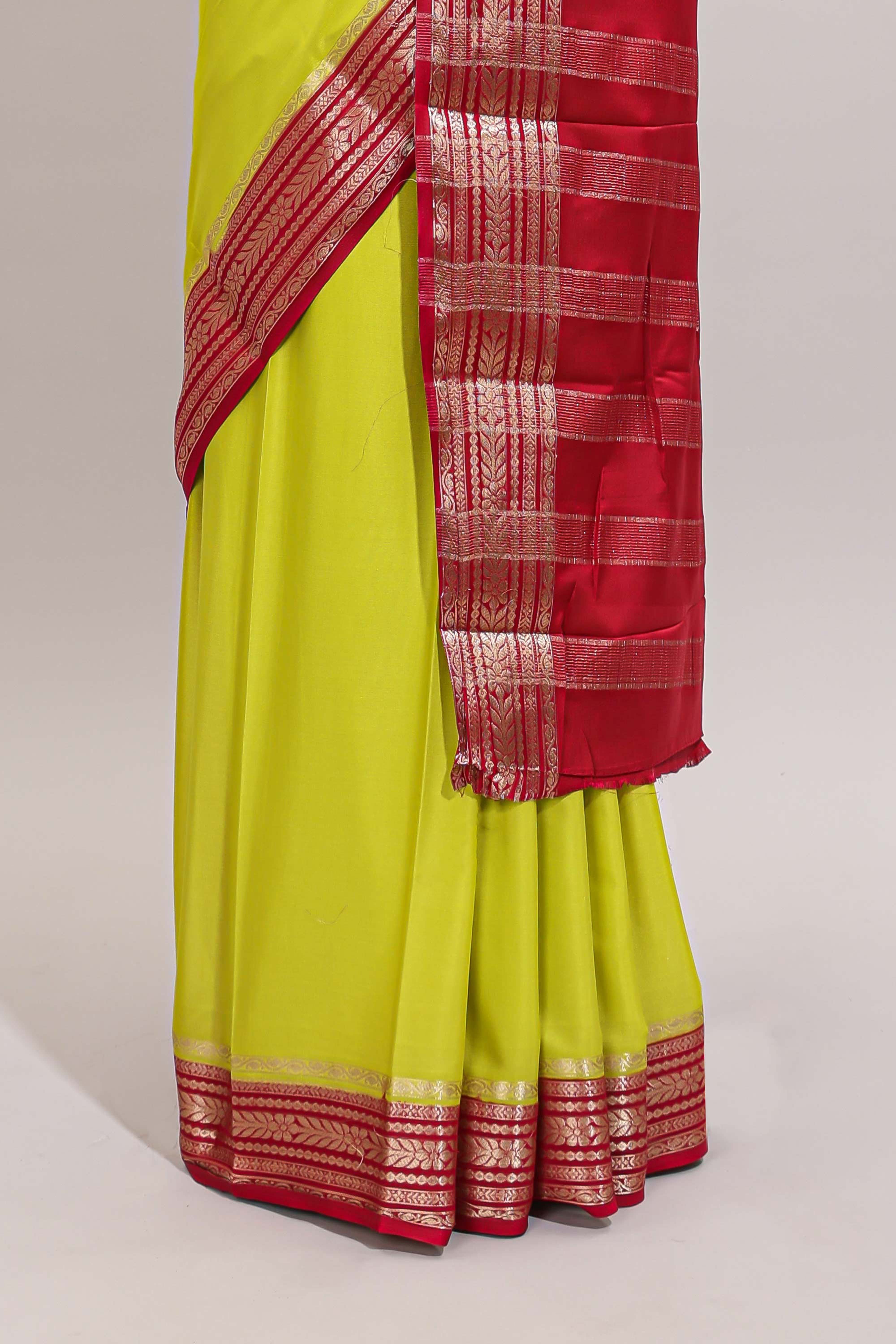 Lemon yellow plain design art mysore silk saree with contrast zari border and blouse