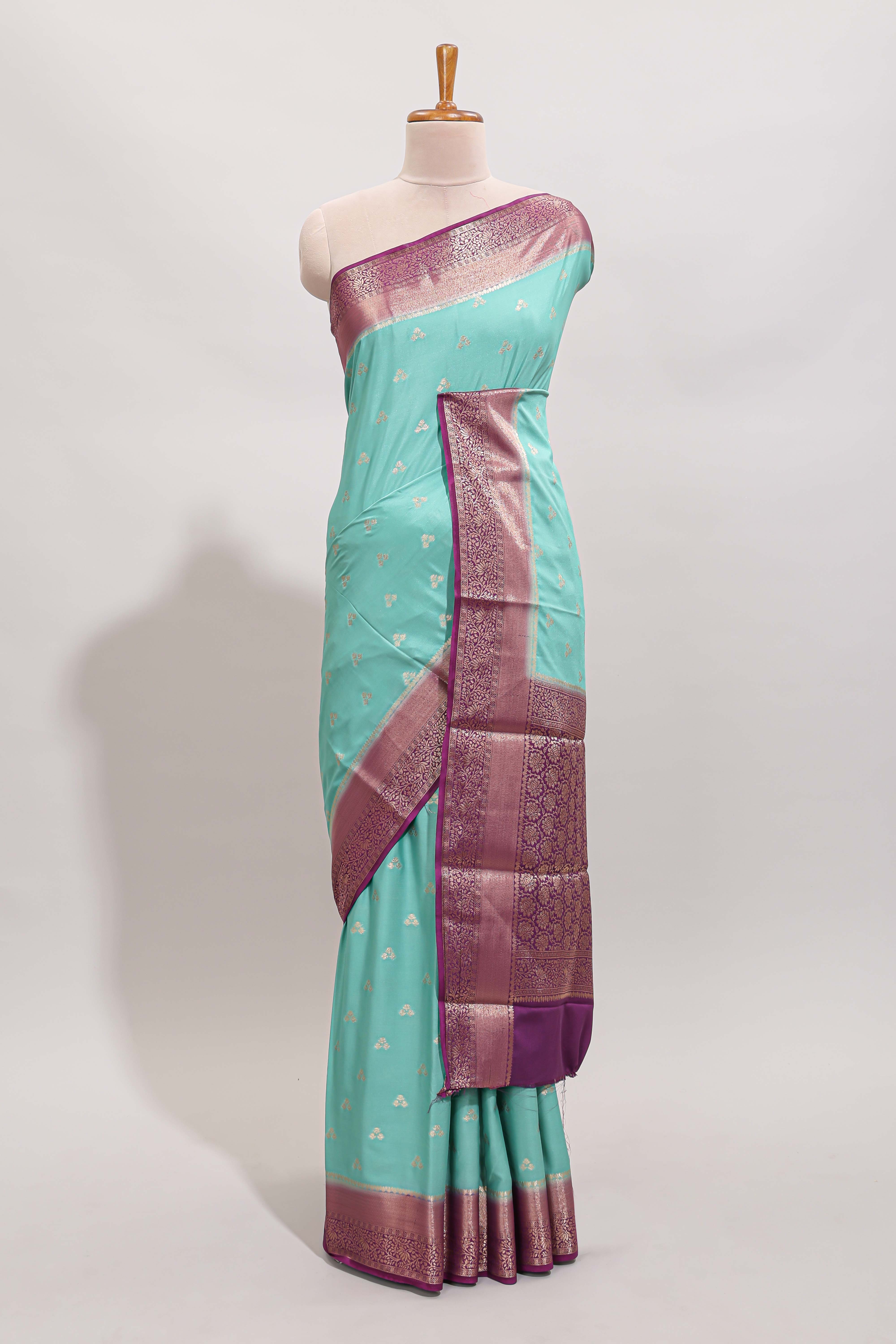 Turquoise green floral zari motifs design art mysore silk saree with contrast zari border and blouse