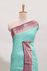 Turquoise green floral zari motifs design art mysore silk saree with contrast zari border and blouse