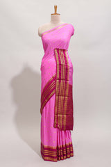 Pink zari motifs design art mysore silk saree with contrast zari border and motifs blouse