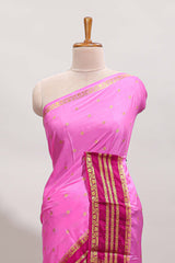 Pink zari motifs design art mysore silk saree with contrast zari border and motifs blouse