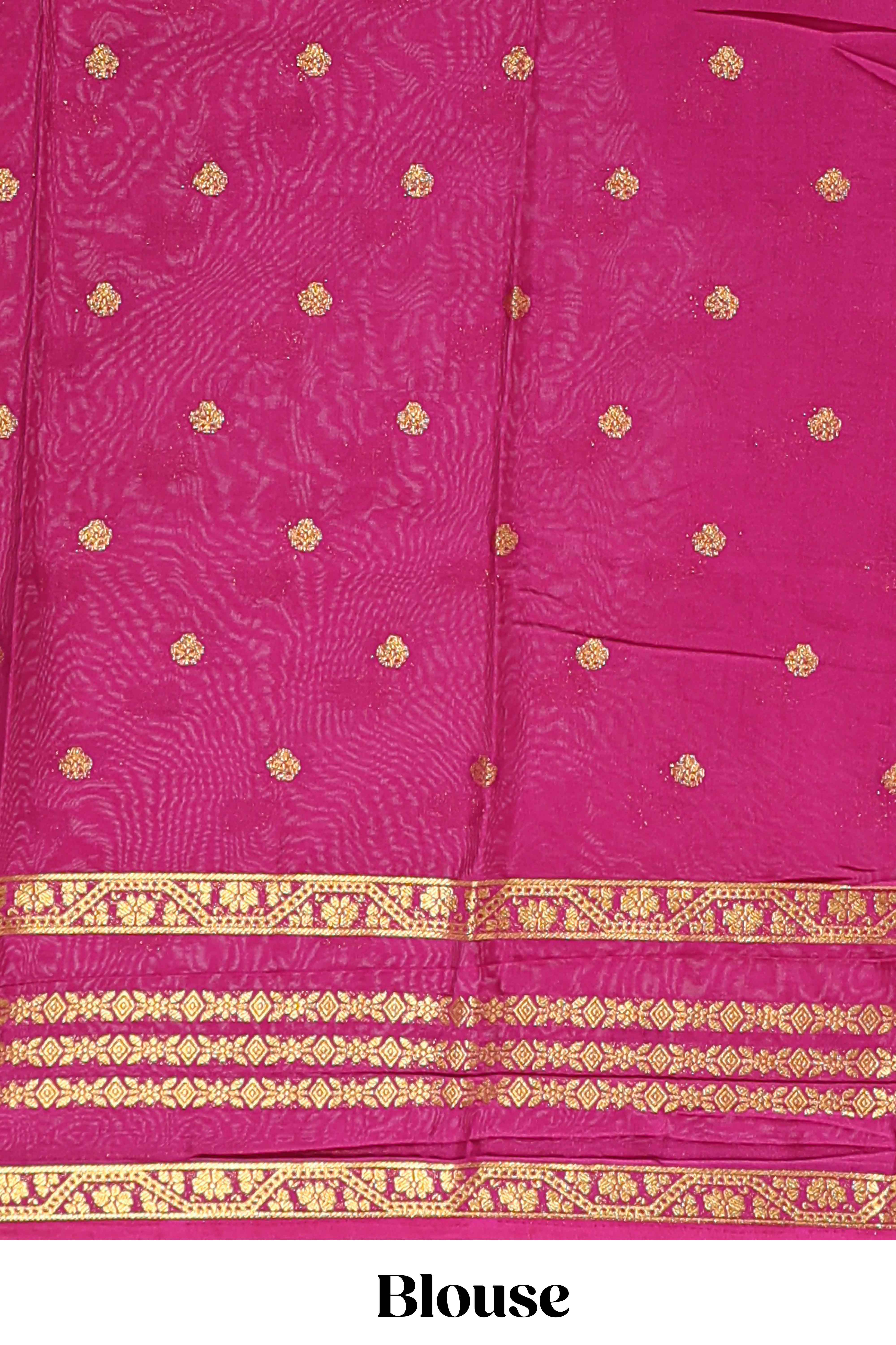 Pink zari motifs design art mysore silk saree with contrast zari border and motifs blouse