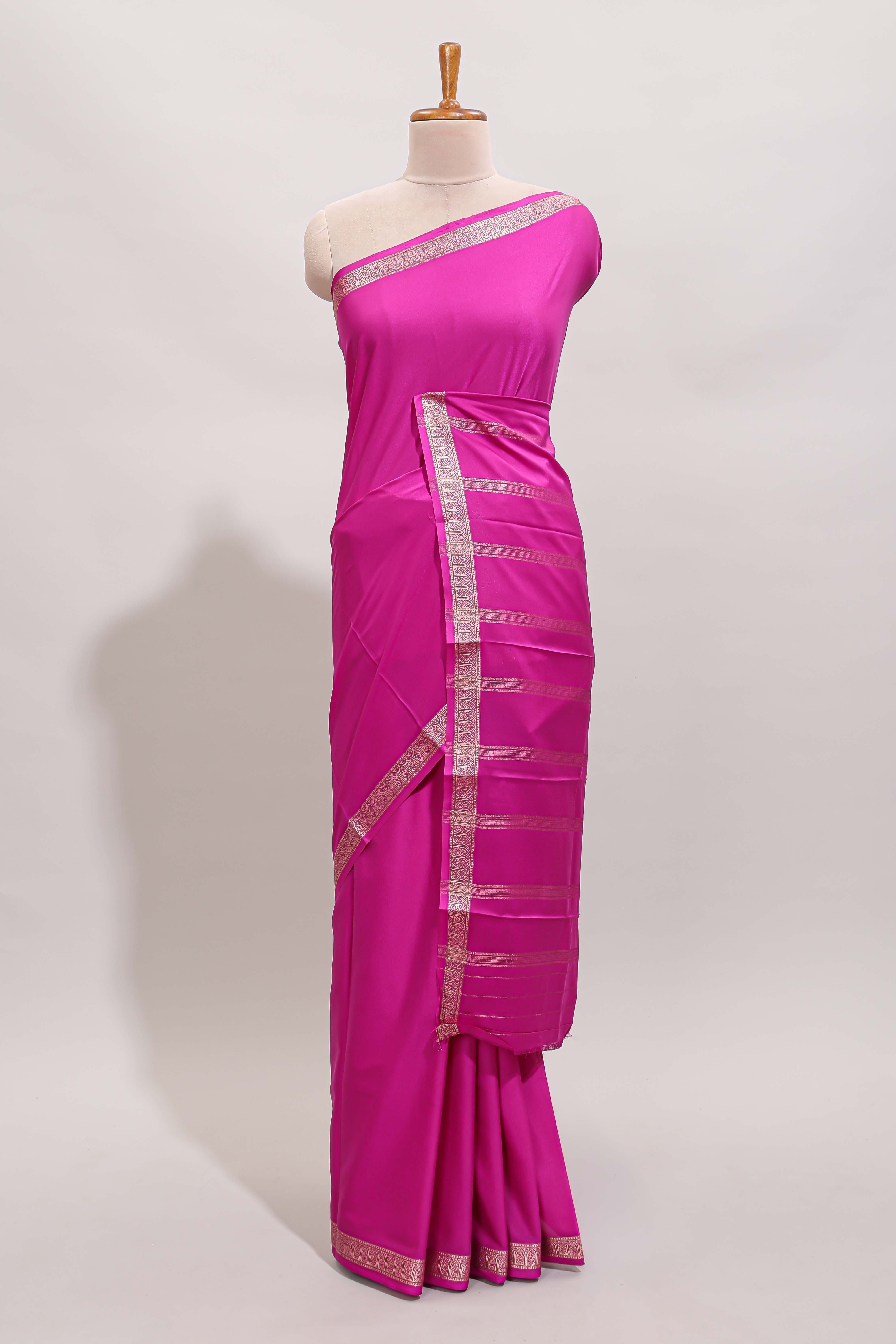Pink plain design art mysore silk saree with self zari border and matching blouse