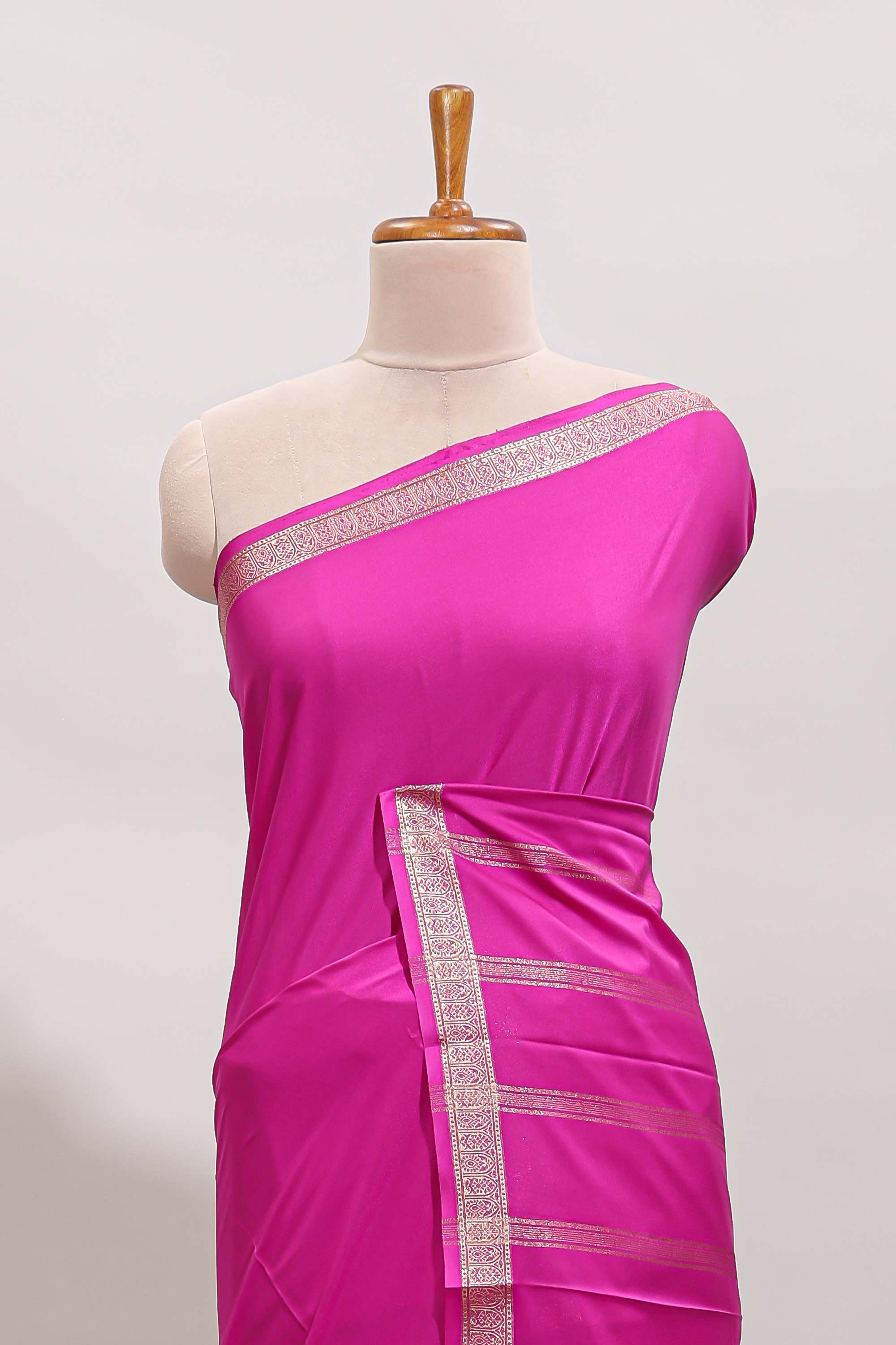 Pink plain design art mysore silk saree with self zari border and matching blouse