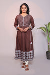 Brown Floral Print A-Line Anarkali Kurta Set with V-Neck, 3/4 Sleeves and White Bottom