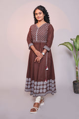 Brown Floral Print A-Line Anarkali Kurta Set with V-Neck, 3/4 Sleeves and White Bottom