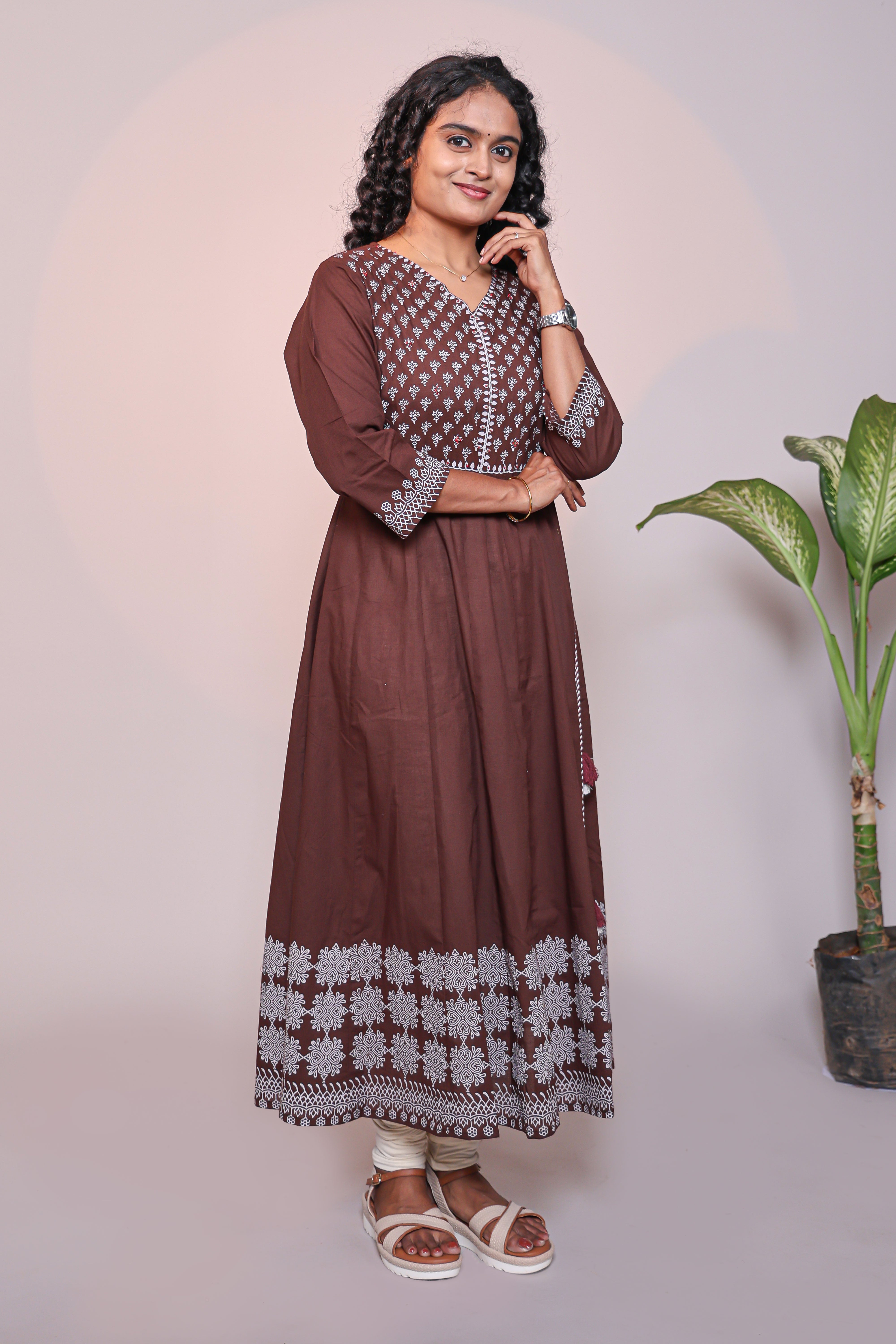 Brown Floral Print A-Line Anarkali Kurta Set with V-Neck, 3/4 Sleeves and White Bottom