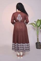 Brown Floral Print A-Line Anarkali Kurta Set with V-Neck, 3/4 Sleeves and White Bottom