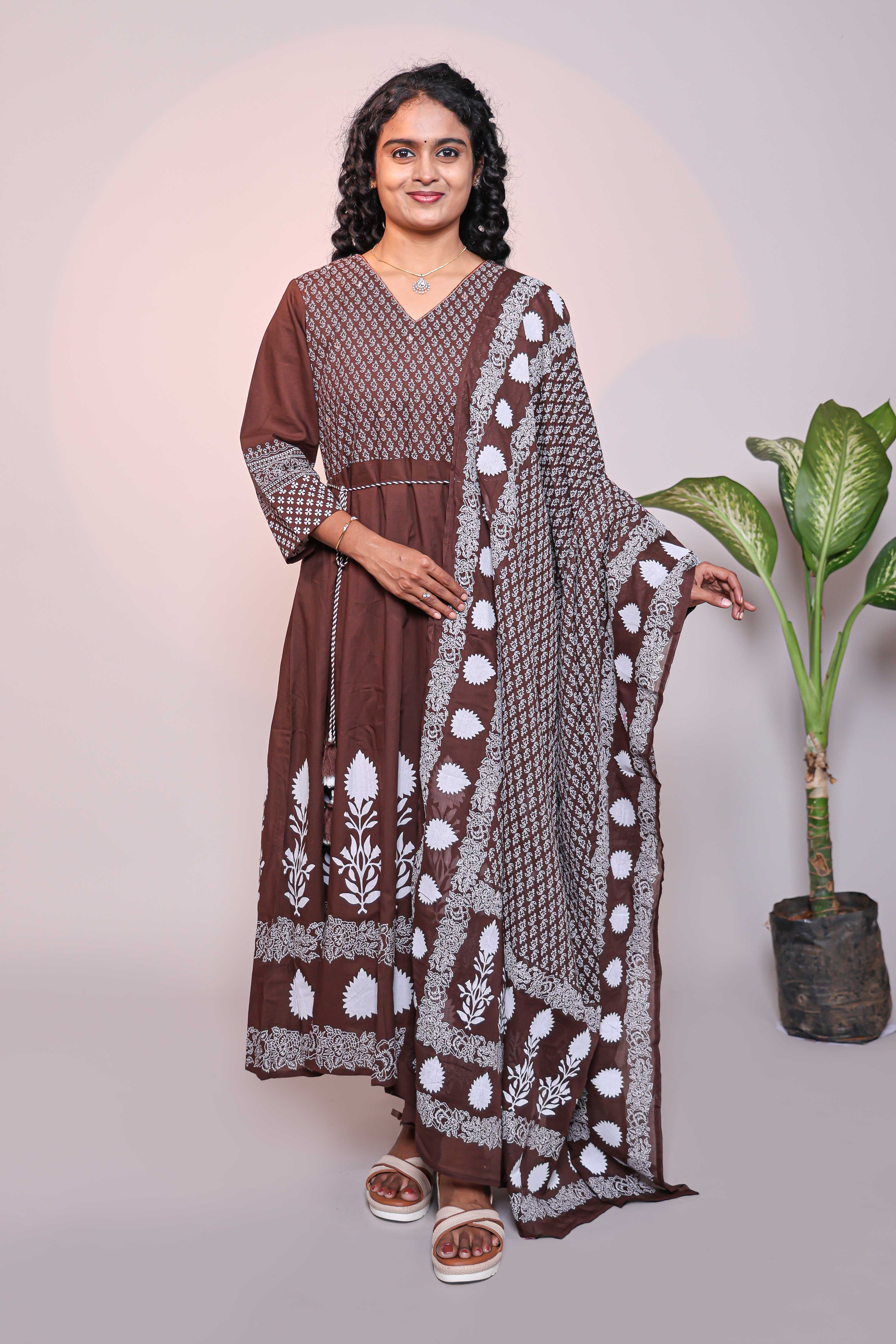 Brown Floral Print A-Line Anarkali Kurta Set with V-Neck, 3/4 Sleeves and Self Bottom