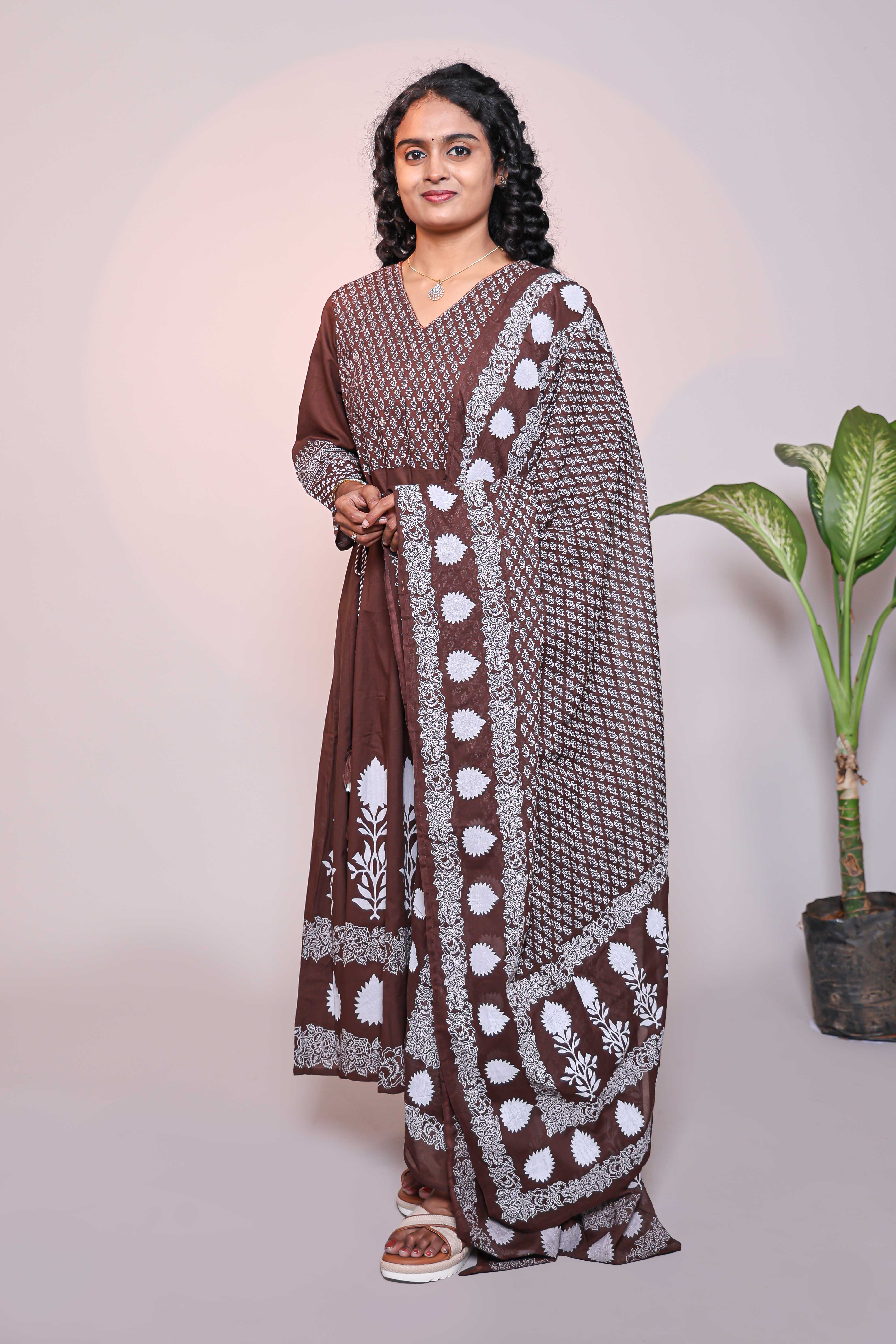 Brown Floral Print A-Line Anarkali Kurta Set with V-Neck, 3/4 Sleeves and Self Bottom