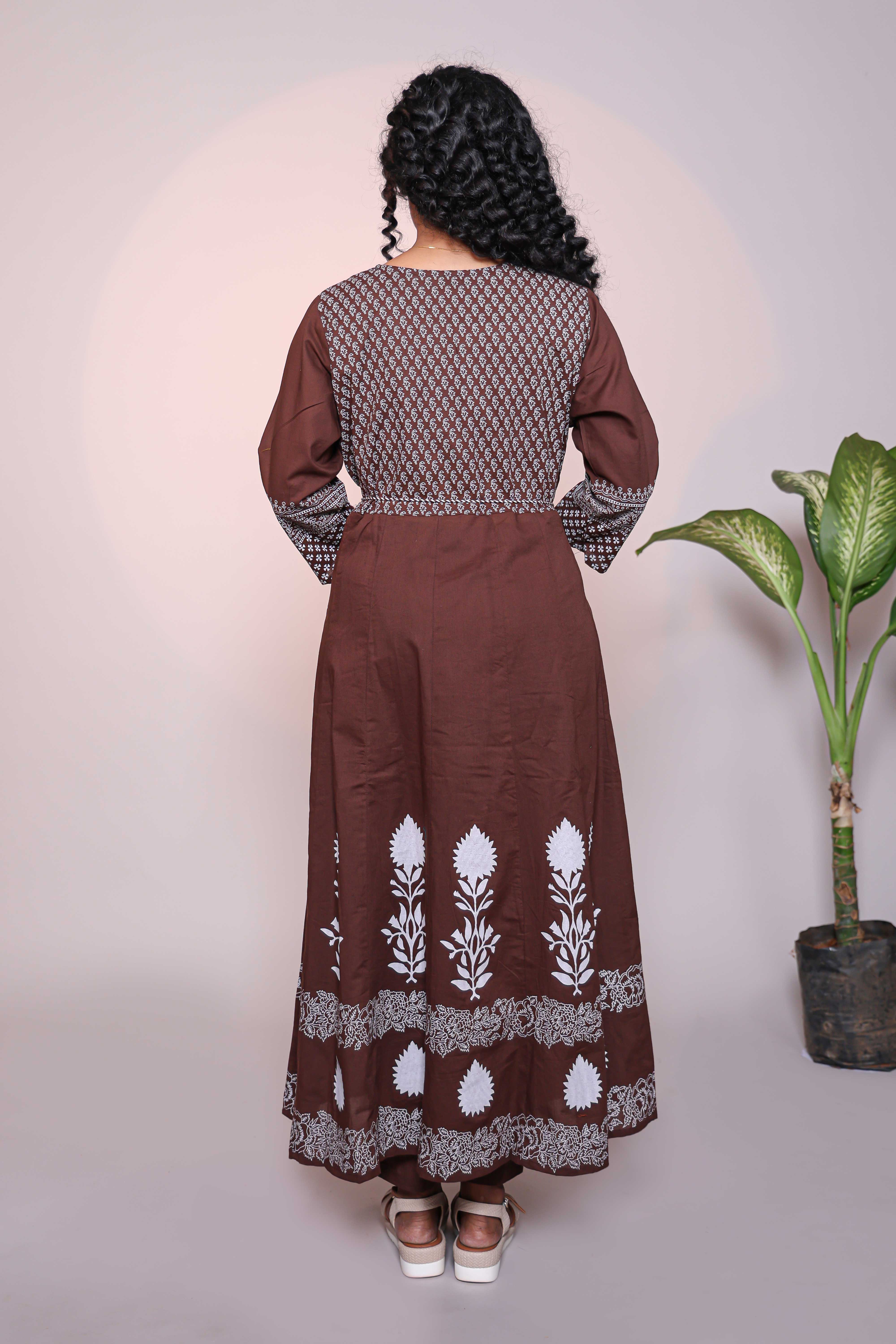 Brown Floral Print A-Line Anarkali Kurta Set with V-Neck, 3/4 Sleeves and Self Bottom