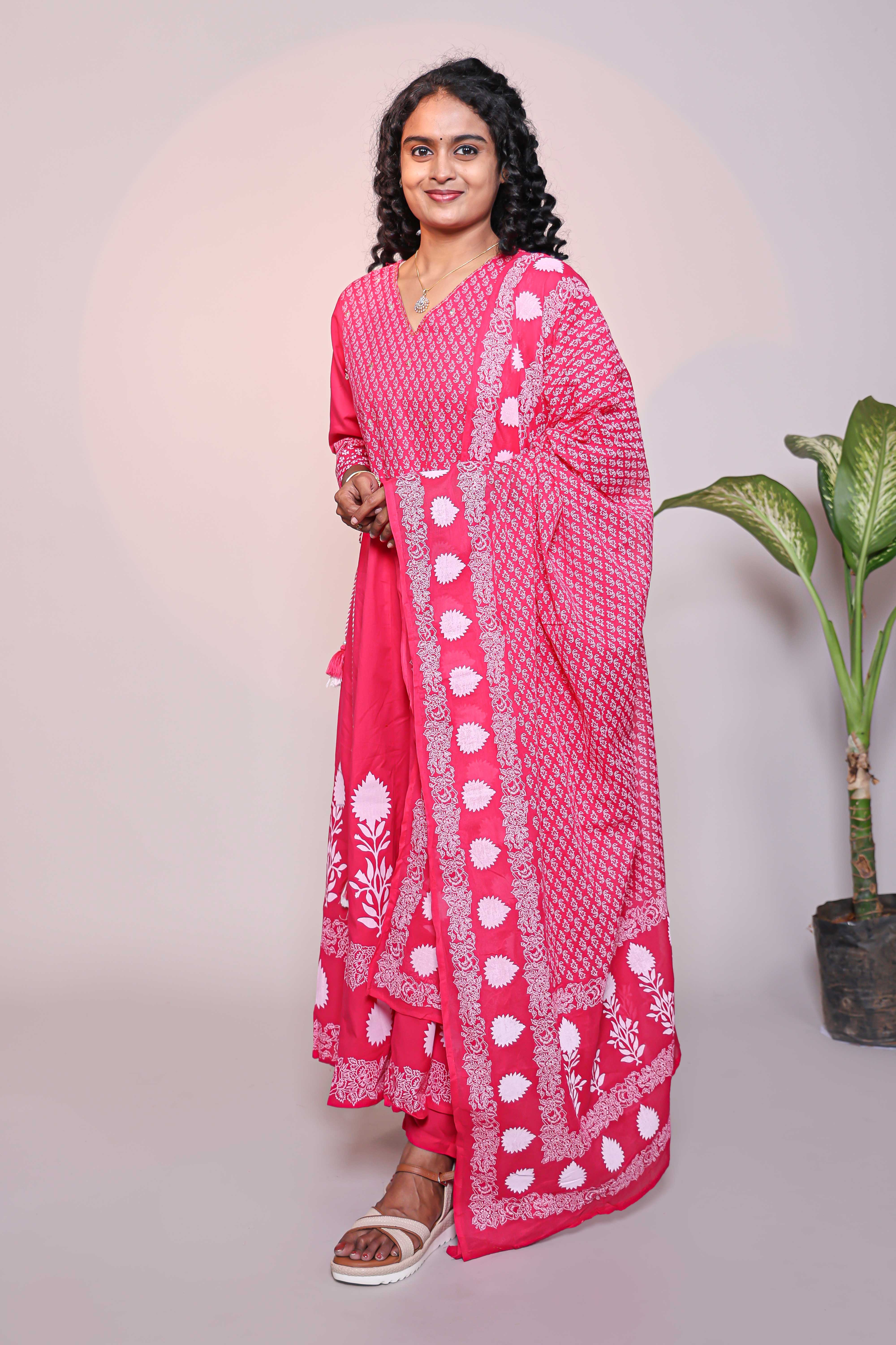 Pink Floral Print A-Line Anarkali Kurta Set with V-Neck, 3/4 Sleeves and Self Bottom