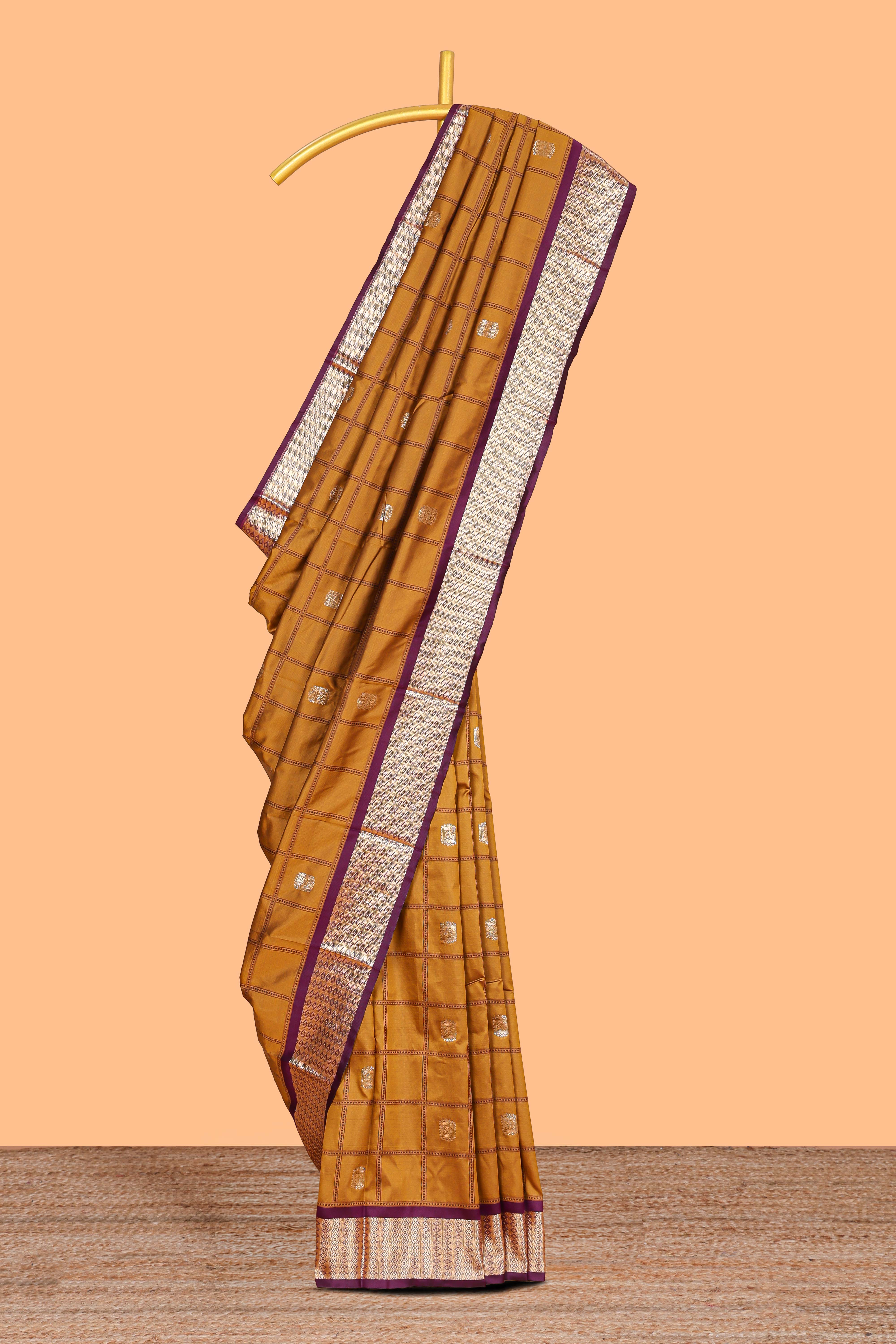 Mustard Yellow Checked Art Silk Saree with Rich Gold Zari Border and Grand Zari Woven Pallu with Contrast Blouse