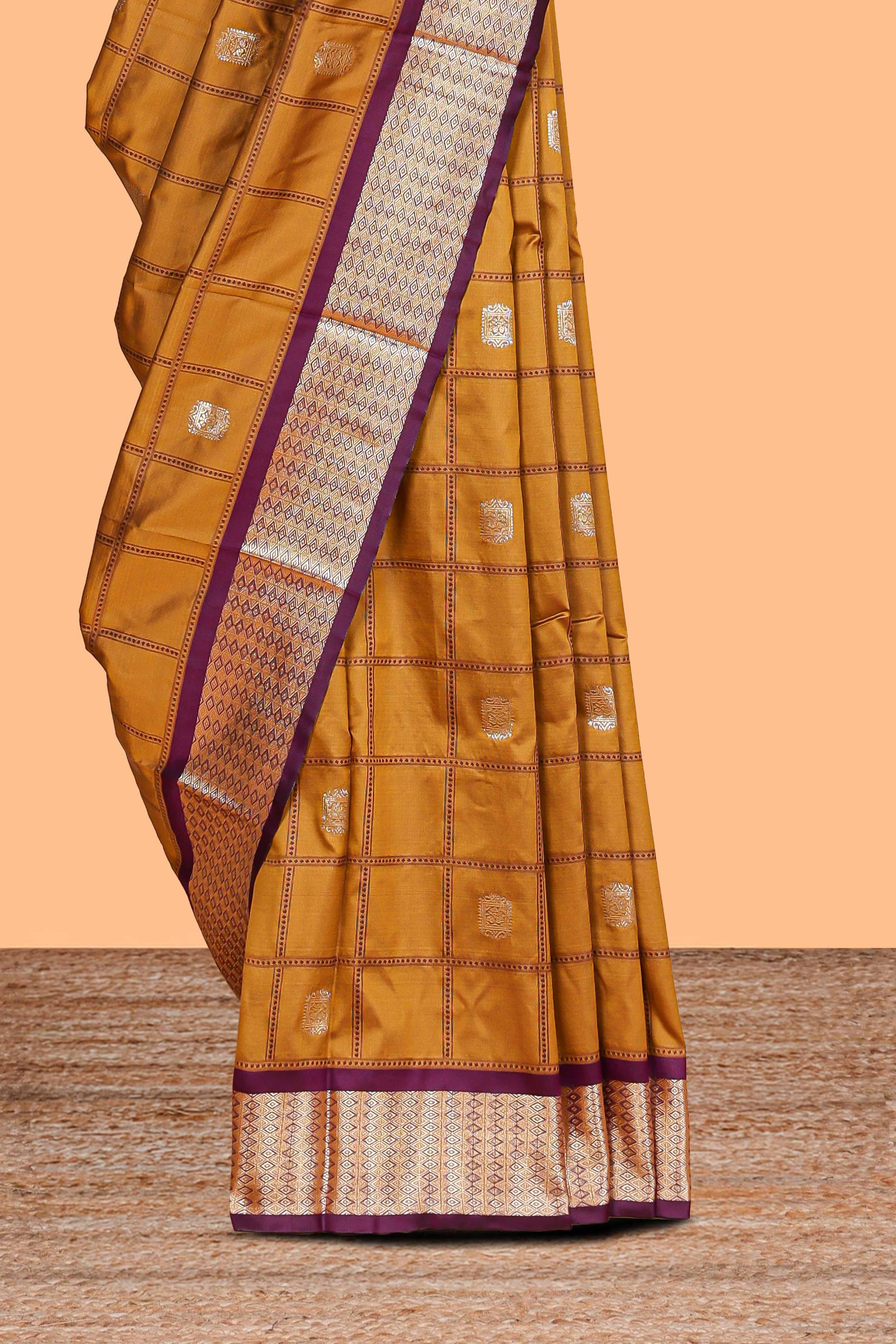 Mustard Yellow Checked Art Silk Saree with Rich Gold Zari Border and Grand Zari Woven Pallu with Contrast Blouse