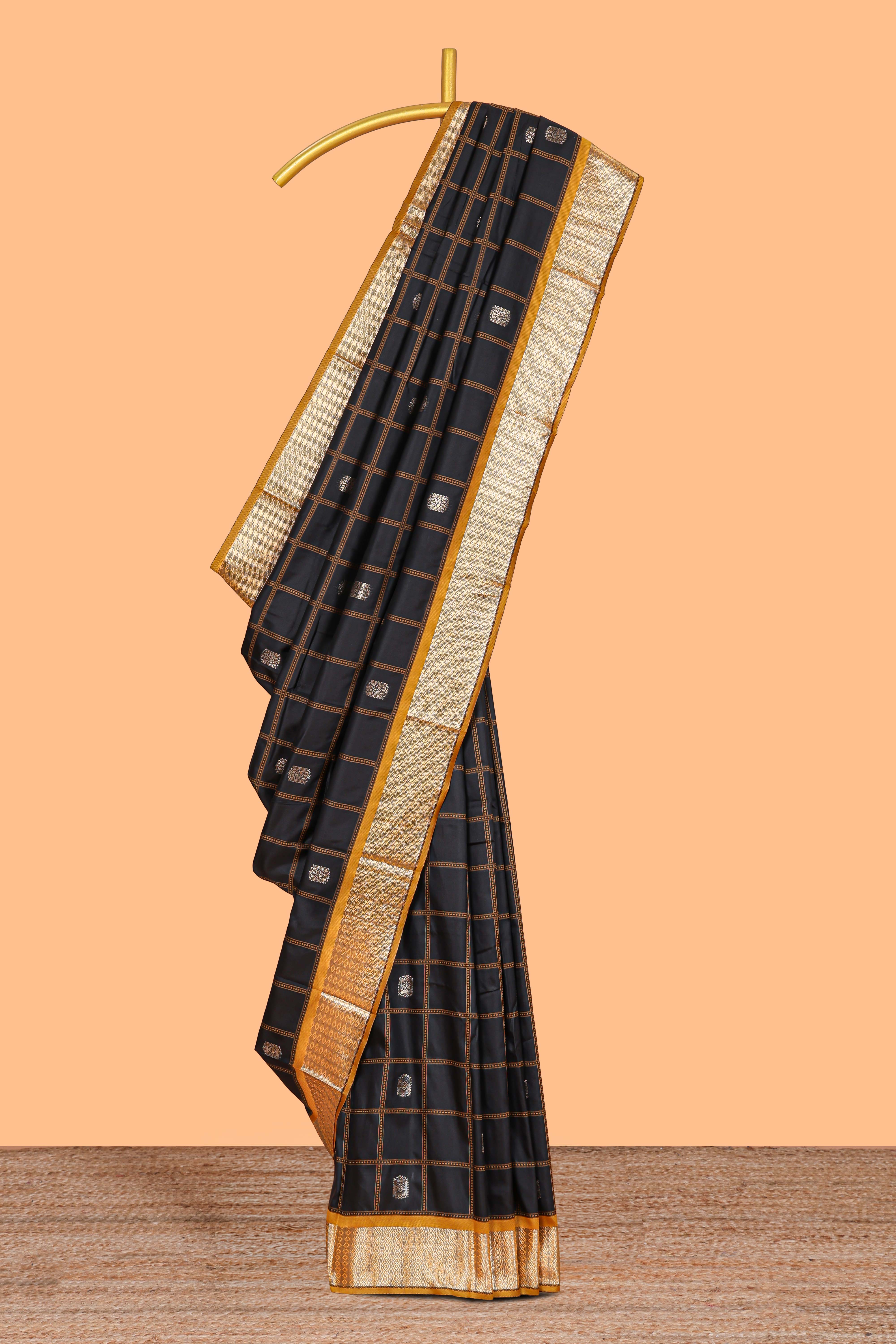 Black Checked Art Silk Saree with Rich Gold Zari Border and Grand Zari Woven Pallu with Contrast Blouse