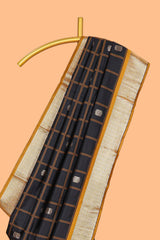 Black Checked Art Silk Saree with Rich Gold Zari Border and Grand Zari Woven Pallu with Contrast Blouse