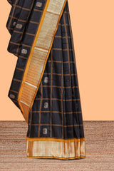Black Checked Art Silk Saree with Rich Gold Zari Border and Grand Zari Woven Pallu with Contrast Blouse