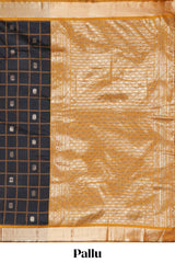 Black Checked Art Silk Saree with Rich Gold Zari Border and Grand Zari Woven Pallu with Contrast Blouse