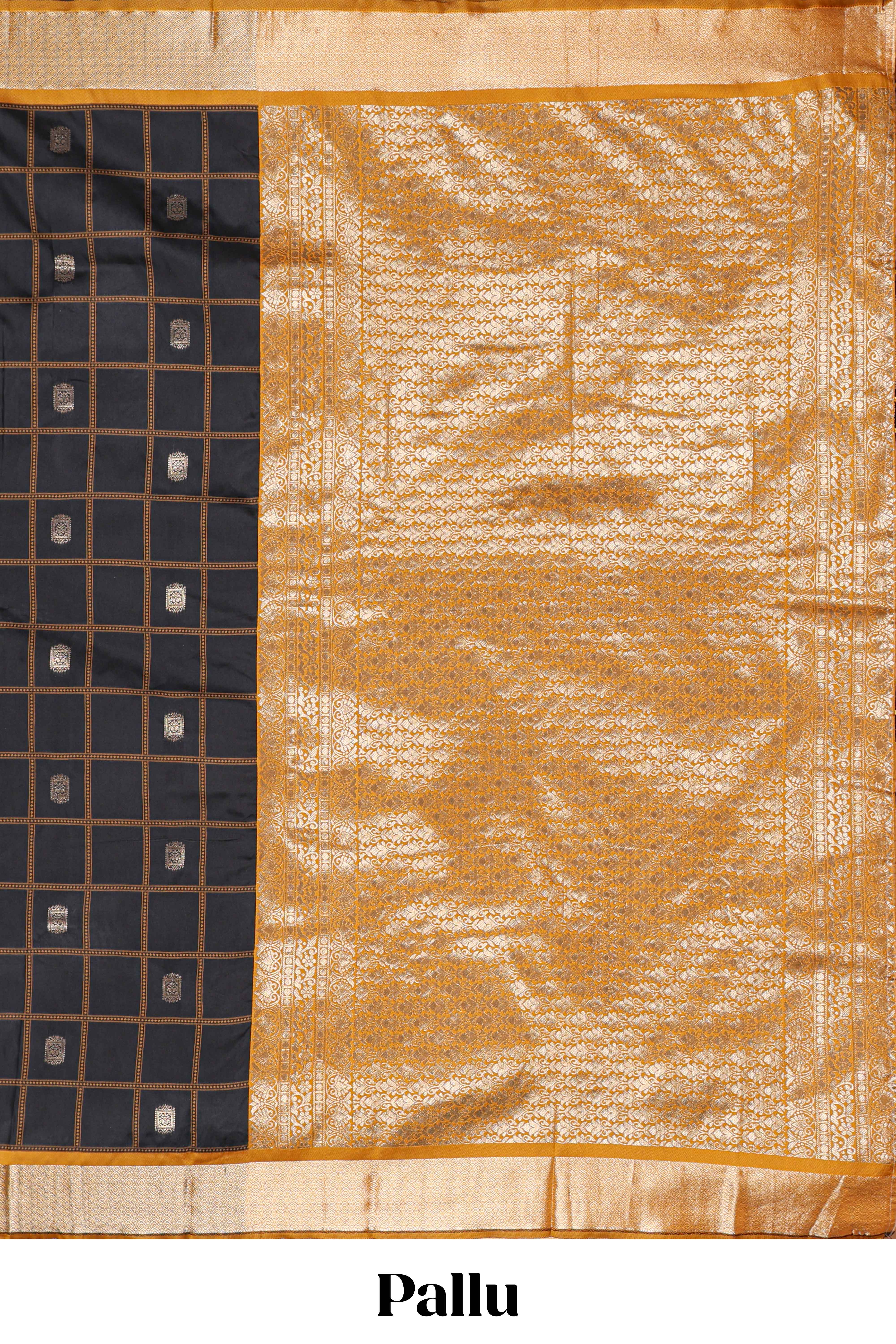 Black Checked Art Silk Saree with Rich Gold Zari Border and Grand Zari Woven Pallu with Contrast Blouse
