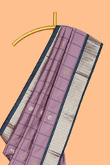 Lavender Checked Art Silk Saree with Rich Gold Zari Border and Grand Zari Woven Pallu with Contrast Blouse