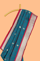 Peacock Green Checked Art Silk Saree with Rich Gold Zari Border and Grand Zari Woven Pallu with Contrast Blouse