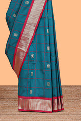 Peacock Green Checked Art Silk Saree with Rich Gold Zari Border and Grand Zari Woven Pallu with Contrast Blouse