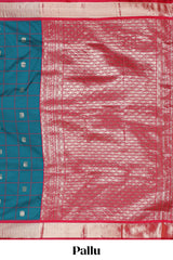 Peacock Green Checked Art Silk Saree with Rich Gold Zari Border and Grand Zari Woven Pallu with Contrast Blouse