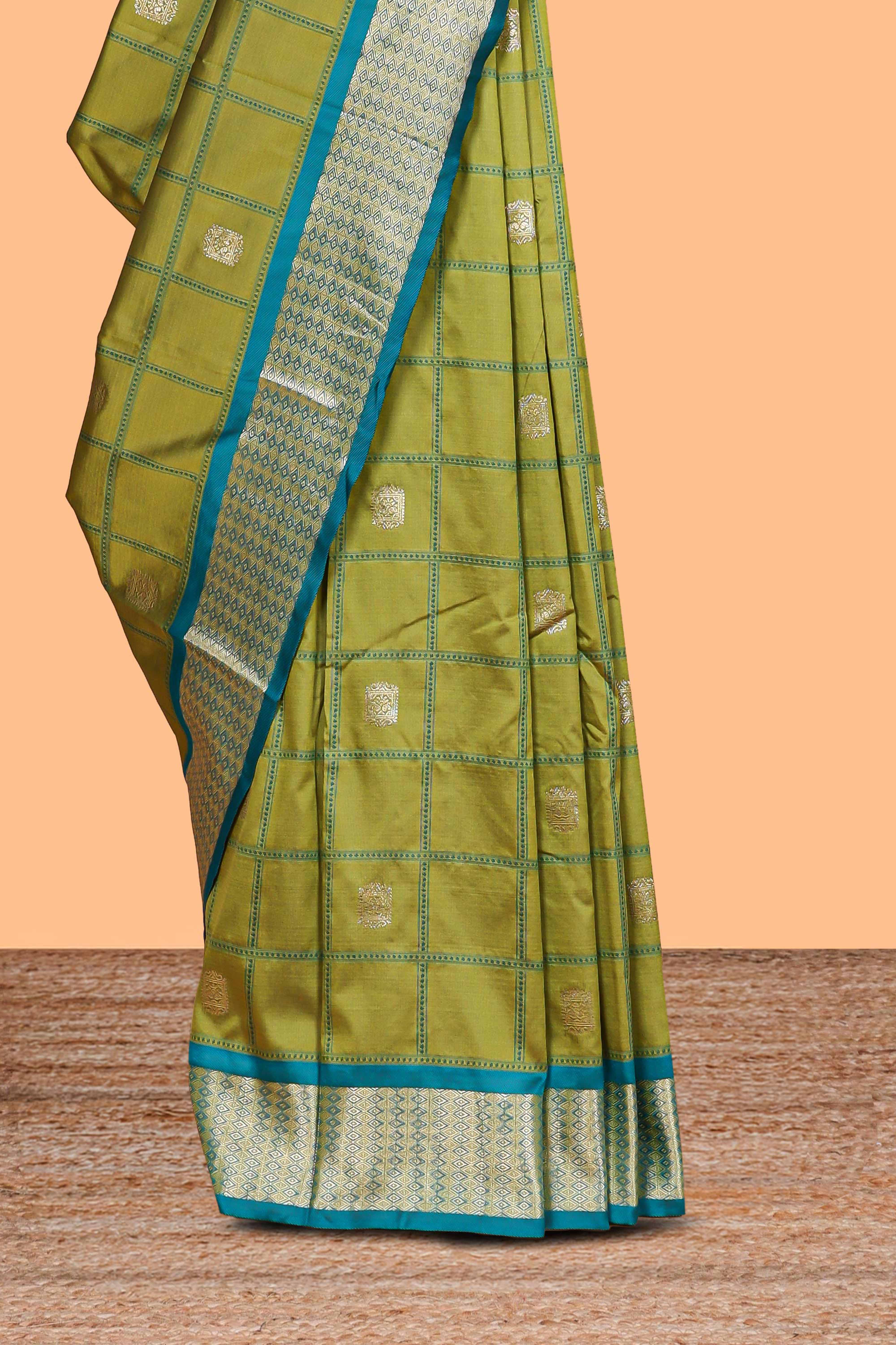 Green Checked Art Silk Saree with Rich Gold Zari Border and Grand Zari Woven Pallu with Contrast Blouse