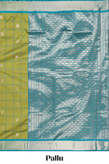Green Checked Art Silk Saree with Rich Gold Zari Border and Grand Zari Woven Pallu with Contrast Blouse