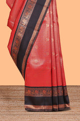 Red Art Silk Checked Pattern and Peacock Motifs with Woven Zari Style Border along with Matching Zari Weaving Buttas