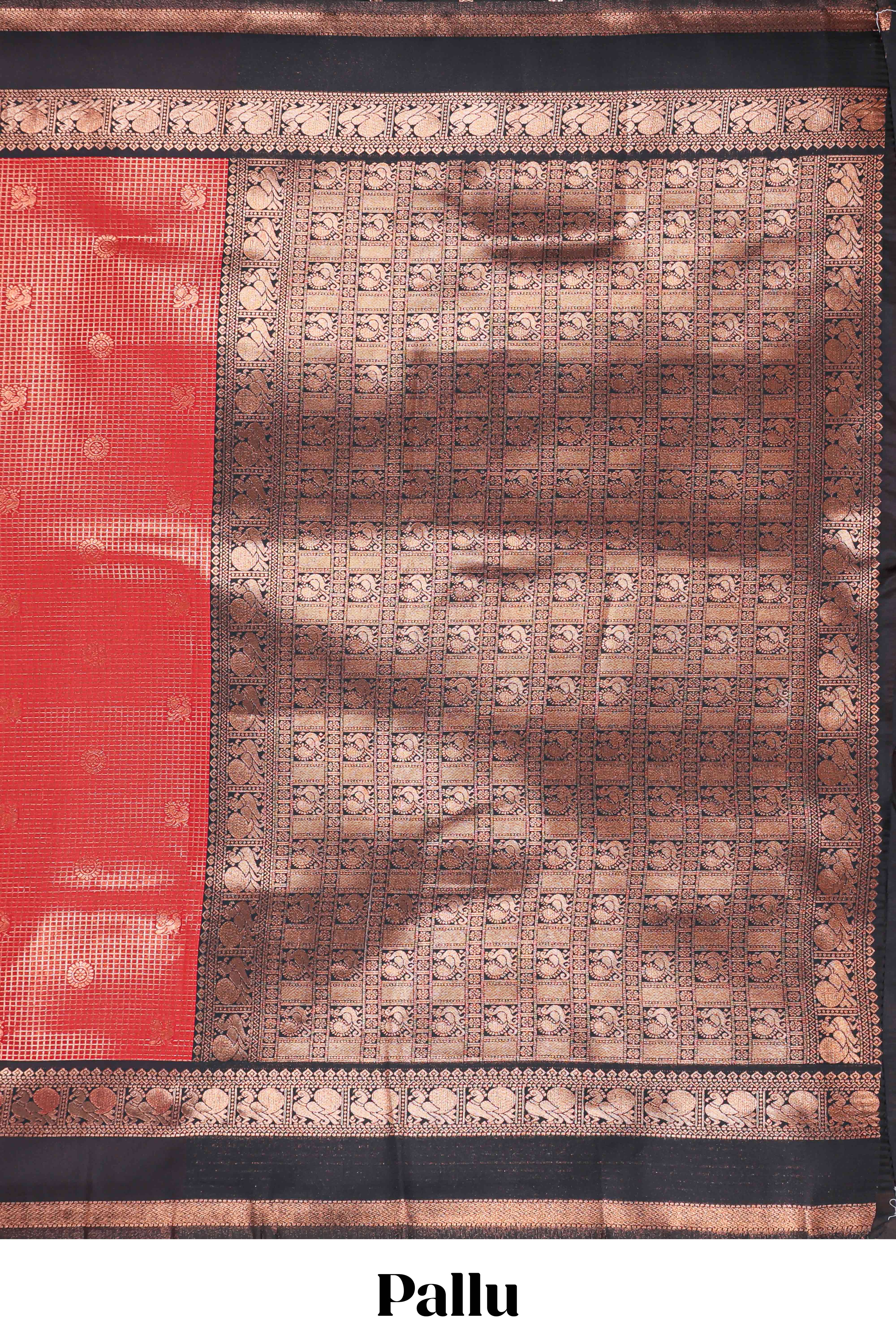 Red Art Silk Checked Pattern and Peacock Motifs with Woven Zari Style Border along with Matching Zari Weaving Buttas