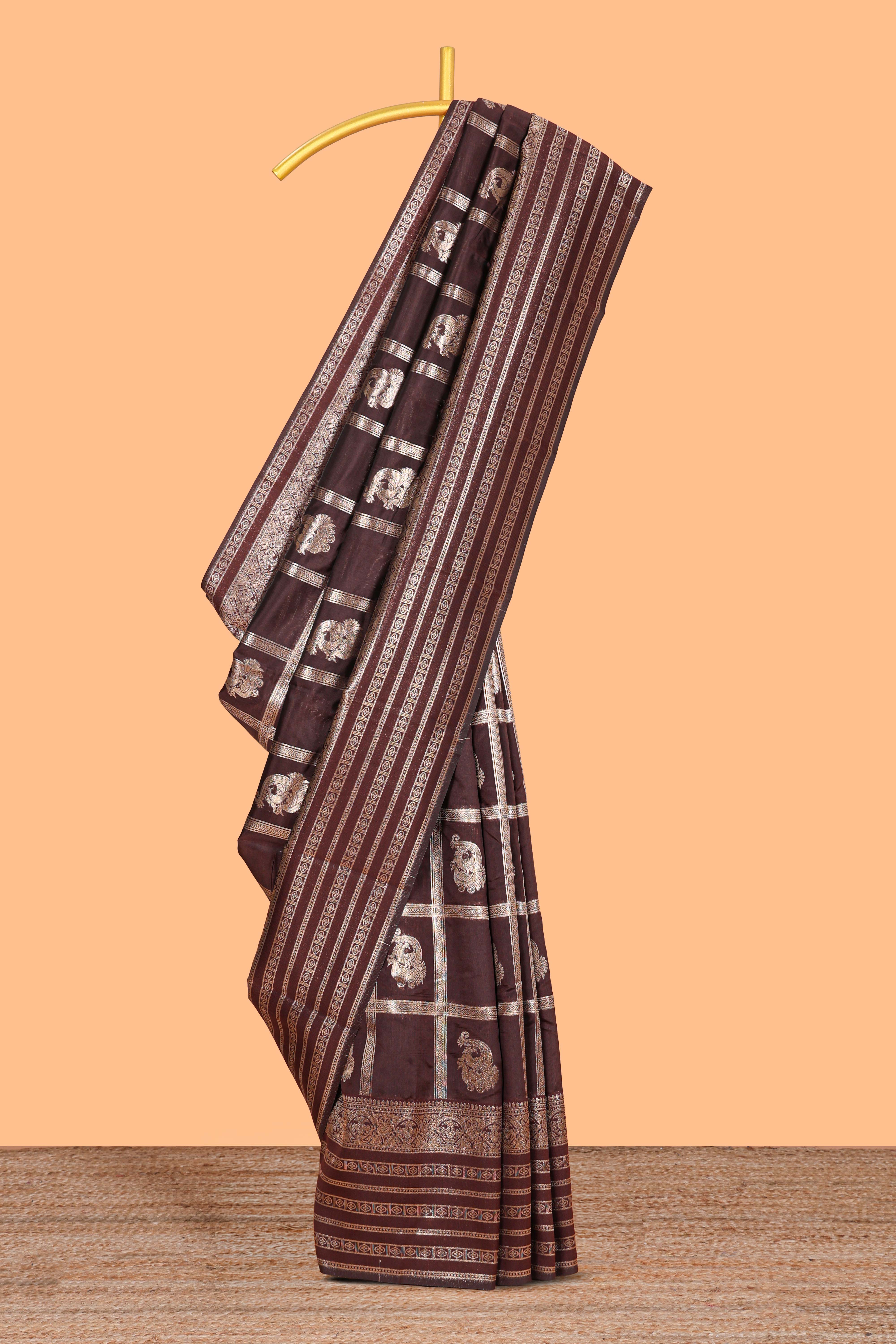 Brown Art Silk Checked Pattern and Paisley with Woven Zari Style Border along with Matching Zari Weaving Buttas