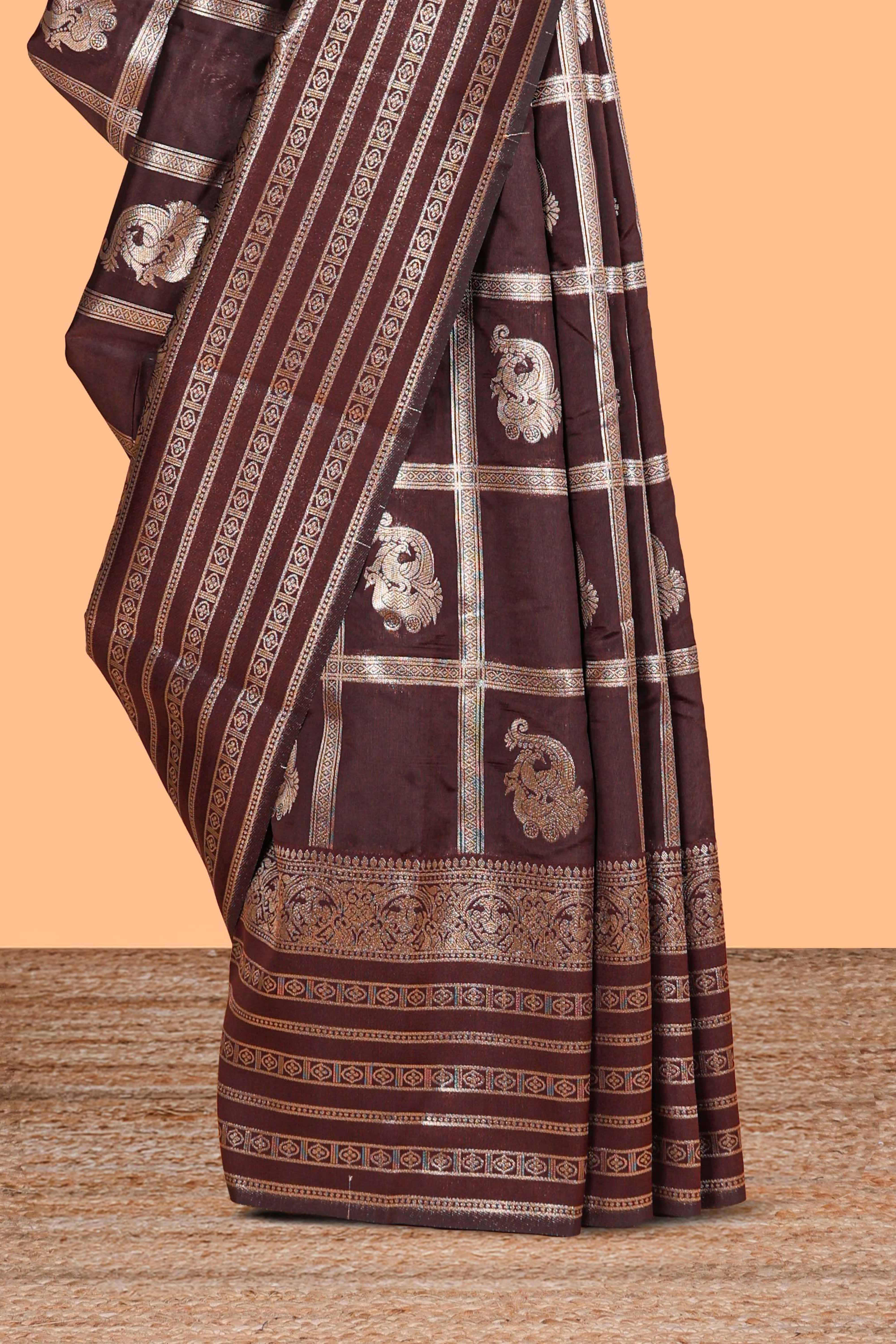 Brown Art Silk Checked Pattern and Paisley with Woven Zari Style Border along with Matching Zari Weaving Buttas