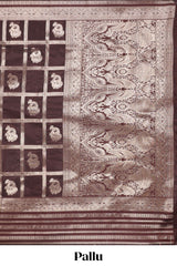 Brown Art Silk Checked Pattern and Paisley with Woven Zari Style Border along with Matching Zari Weaving Buttas