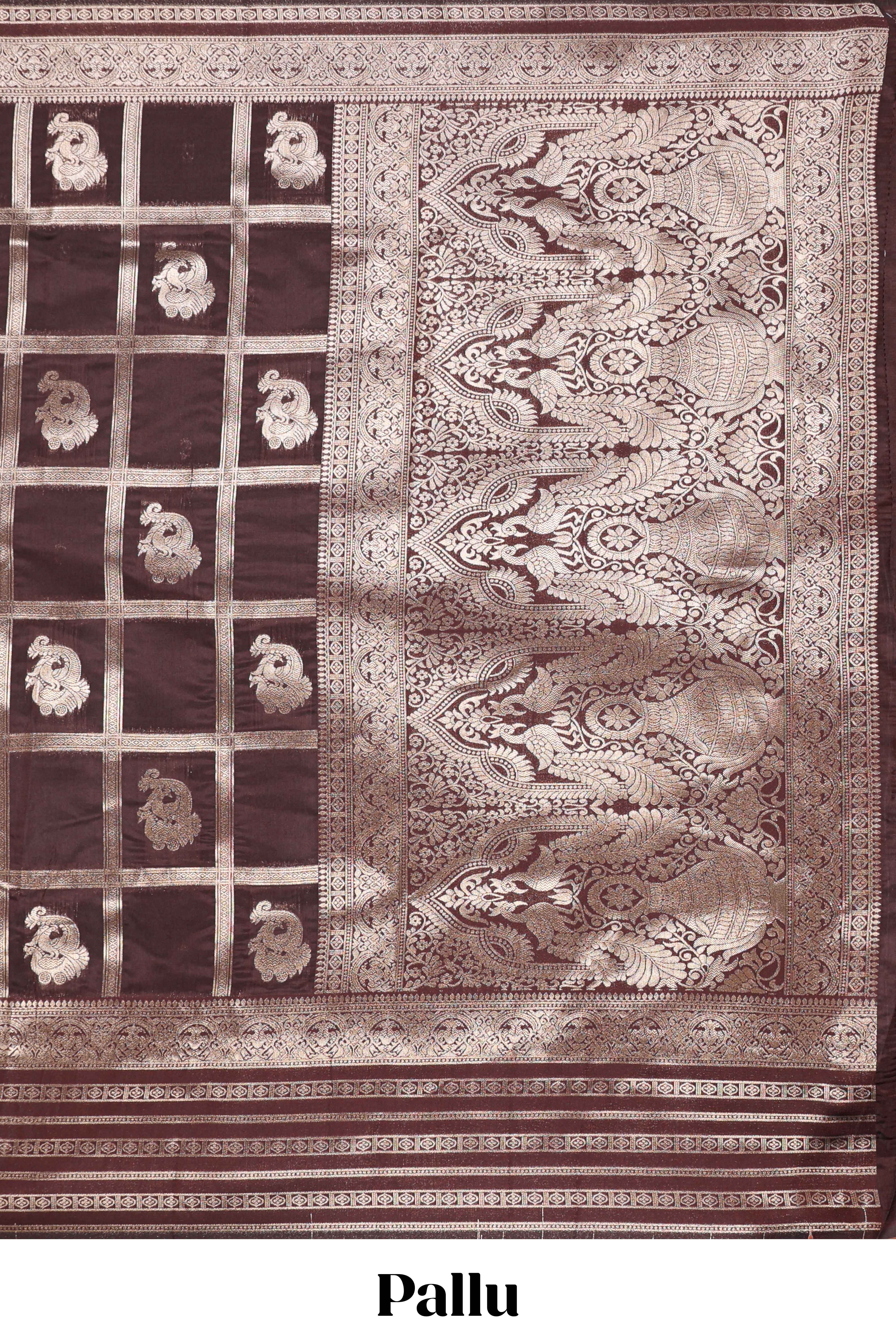 Brown Art Silk Checked Pattern and Paisley with Woven Zari Style Border along with Matching Zari Weaving Buttas