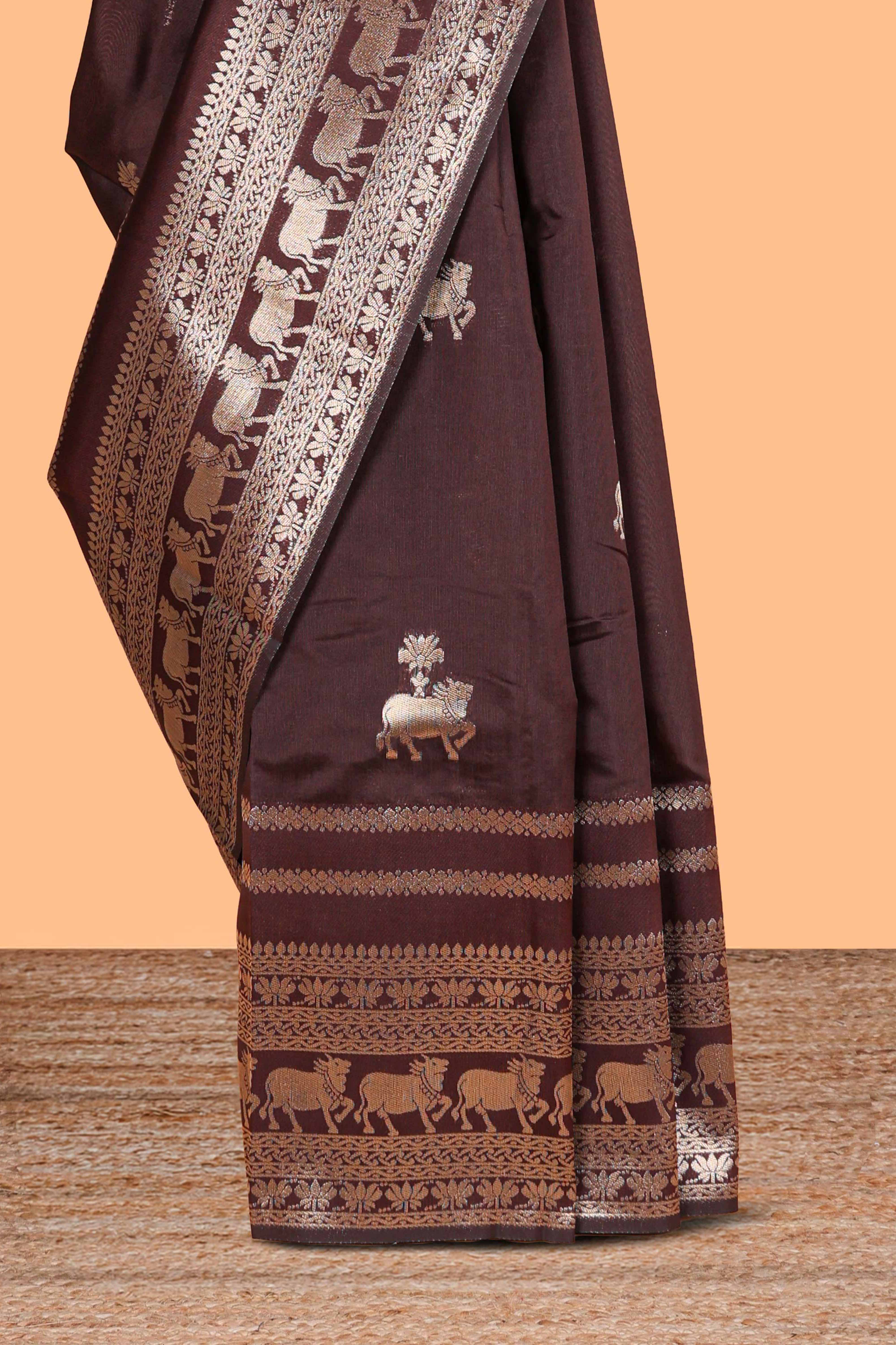 Wine Brown Art Silk Saree Gold Zari Woven Pichwai Motifs with Woven Zari Border and Matching Blouse