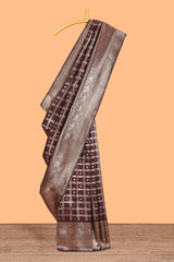 Rich Brown Art Silk Checked Pattern and Motifs withWoven Zari Style Border along with Matching Zari Weaving Buttas