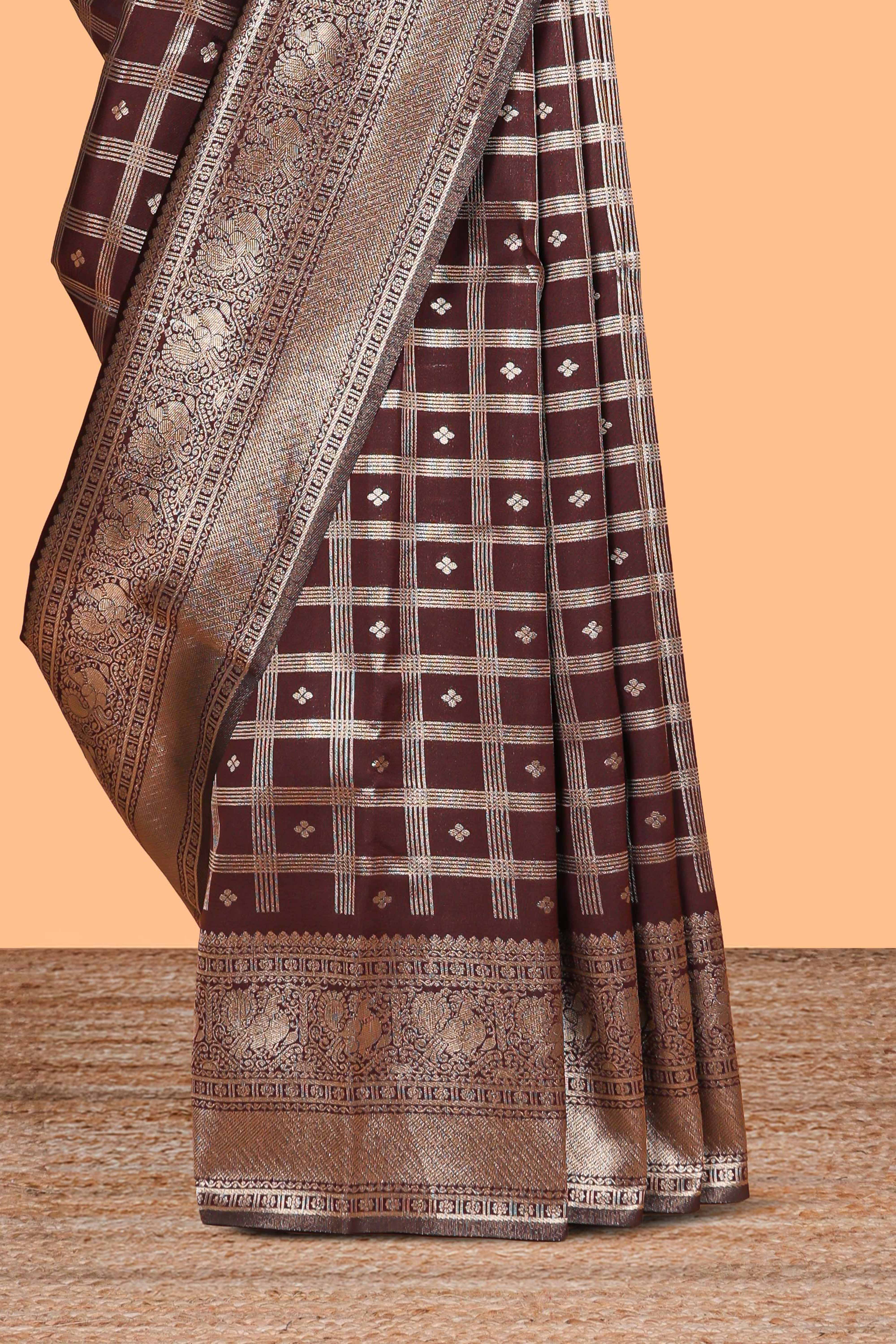 Rich Brown Art Silk Checked Pattern and Motifs withWoven Zari Style Border along with Matching Zari Weaving Buttas